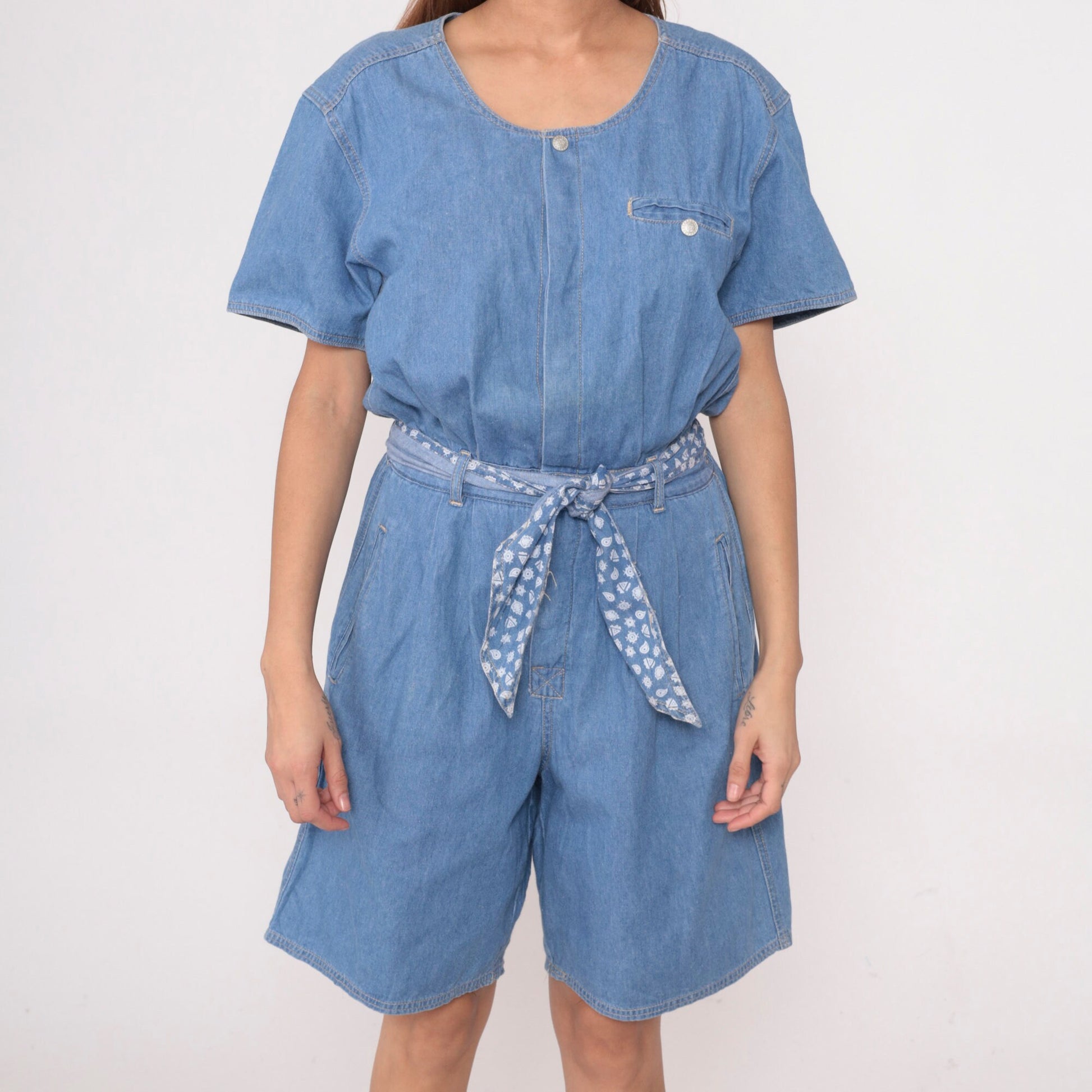 90s Gloria Vanderbilt Denim Romper Blue Jean Button-Up Playsuit Small