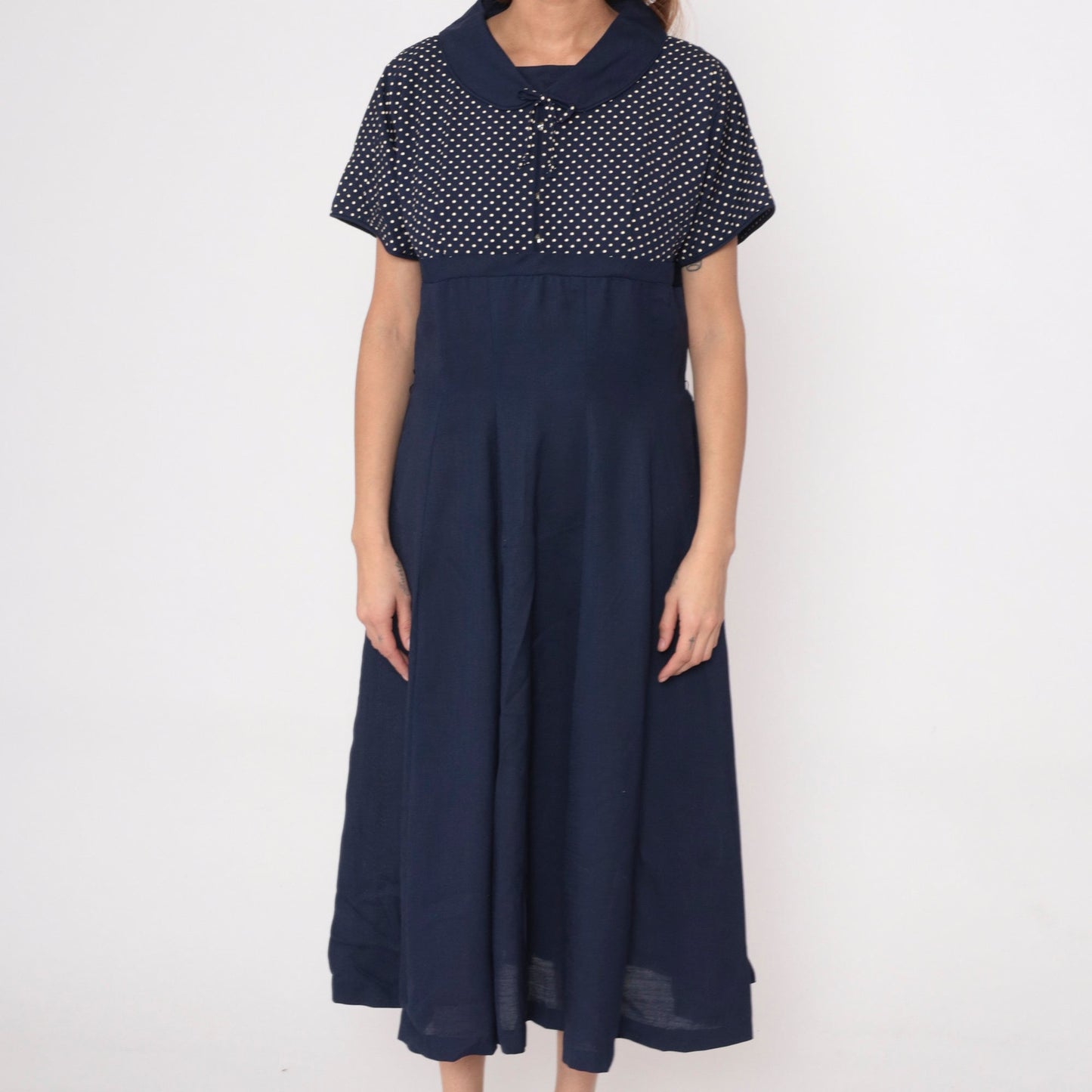 1960s Navy Polka Dot Rhinestone Bow Cocktail Dress Empire Waist Large L
