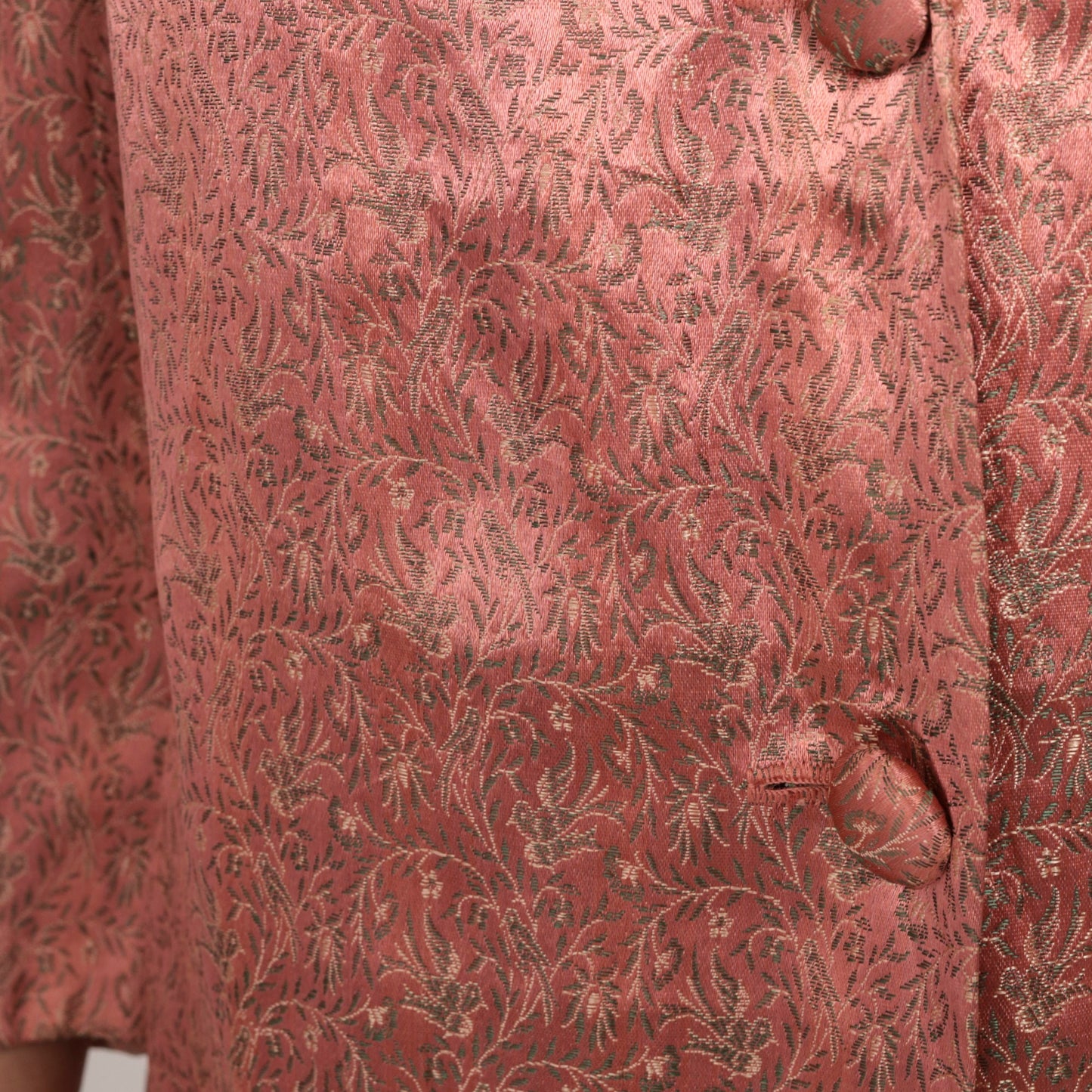 60s Pink Brocade Jacket Floral Bird Design Knee Length Button Up Medium