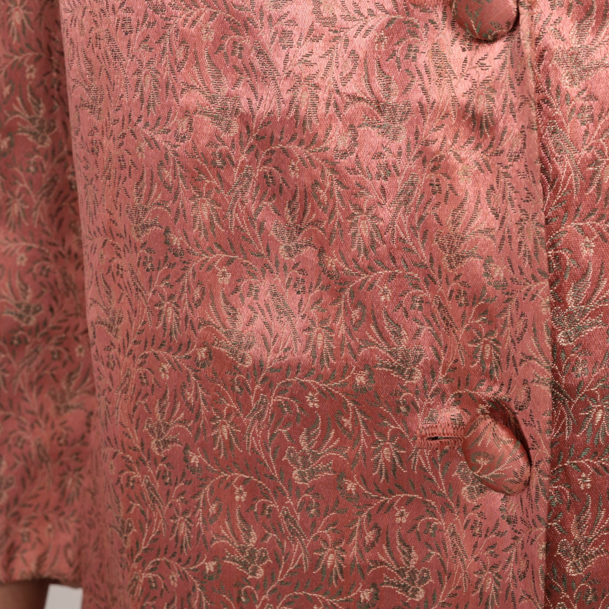 60s Pink Brocade Jacket Floral Bird Design Knee Length Button Up Medium