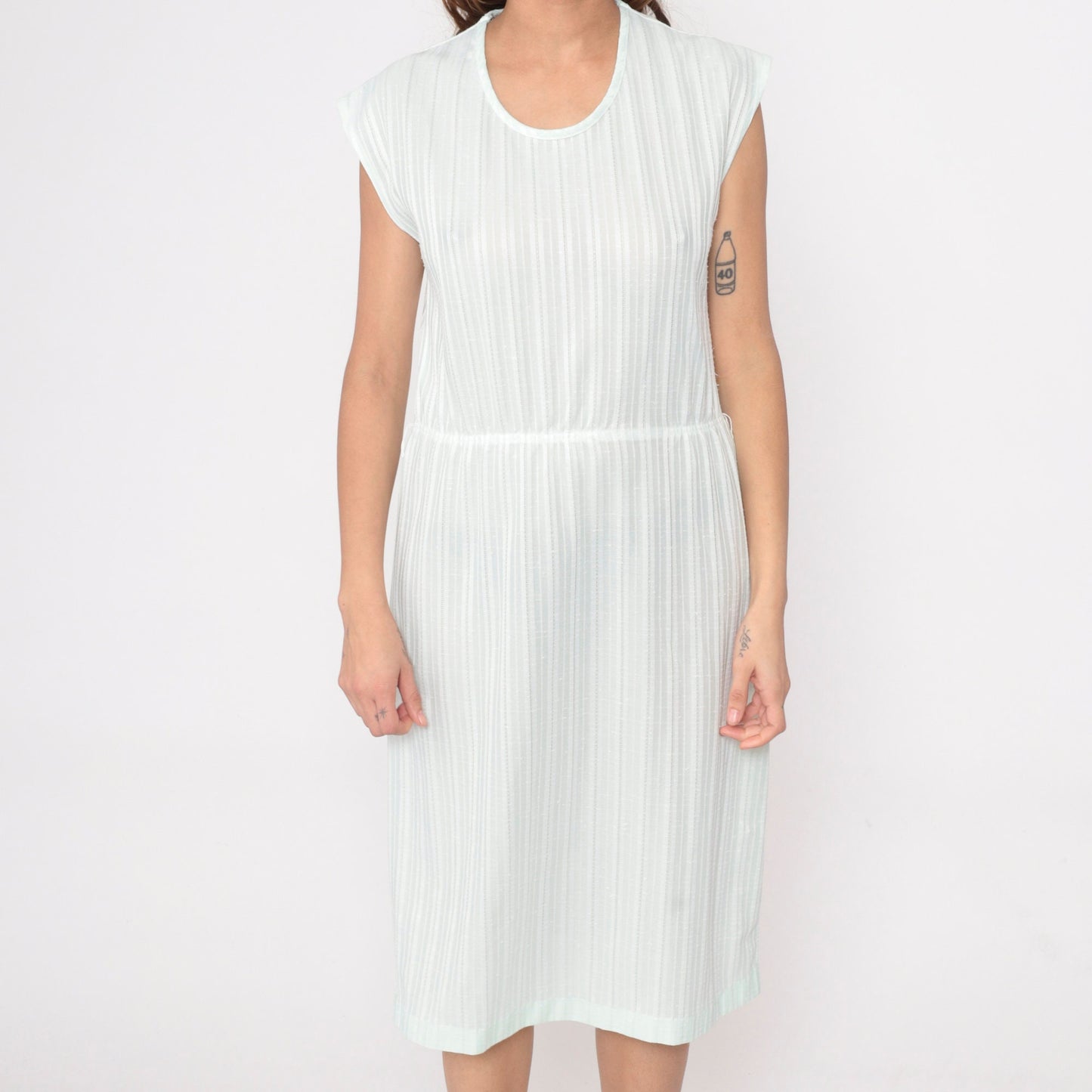 70s Pale Green Striped Midi Dress Cap Sleeve High Waist Small Medium