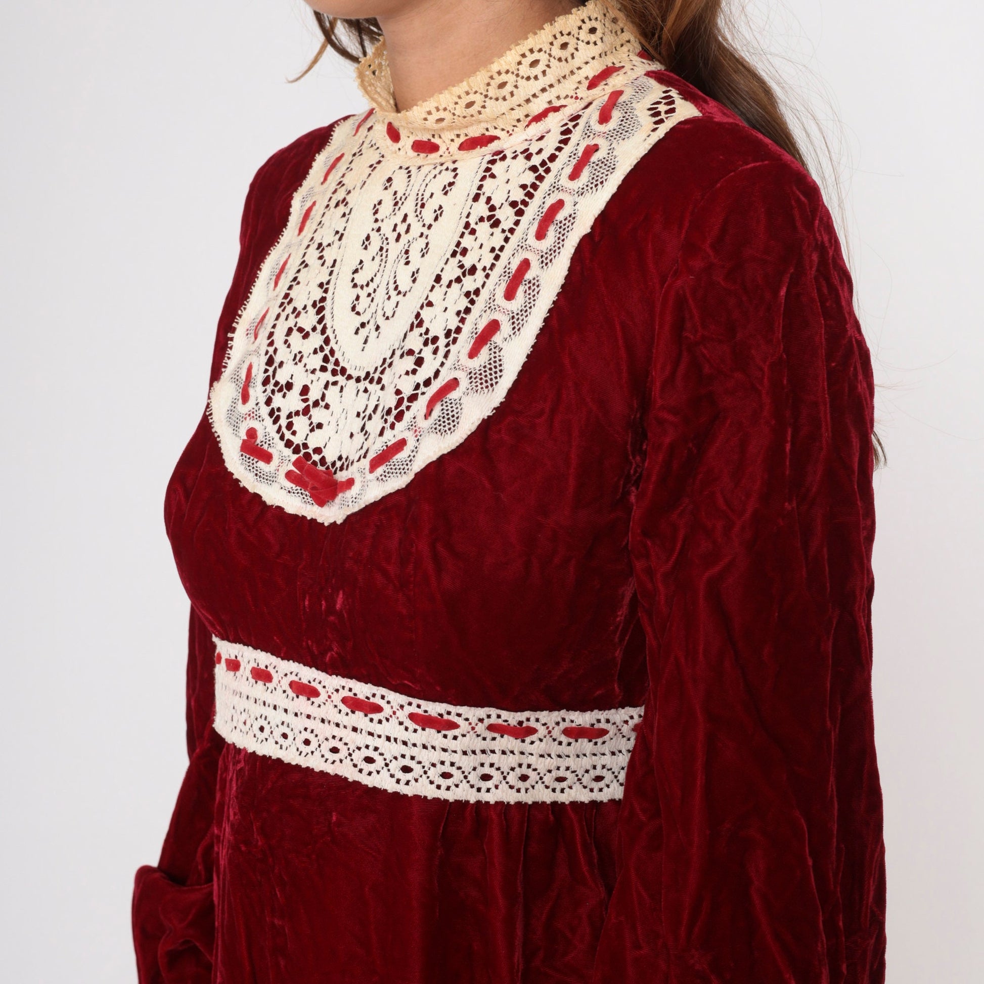 70s Red Velvet Maxi Dress Empire Waist Lace Bib Balloon Sleeve Medium