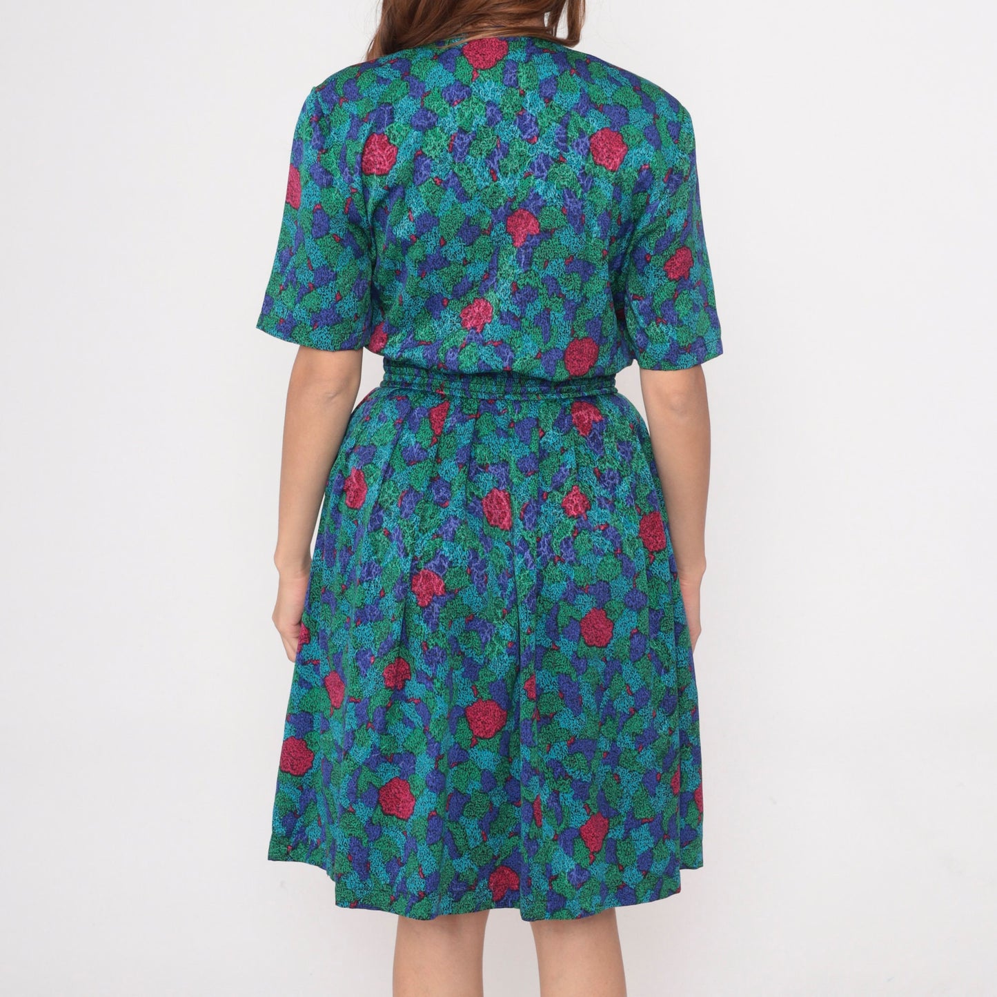 80s Abstract Floral Midi Dress Surplice Neck Pleated Elastic Waist Extra Small