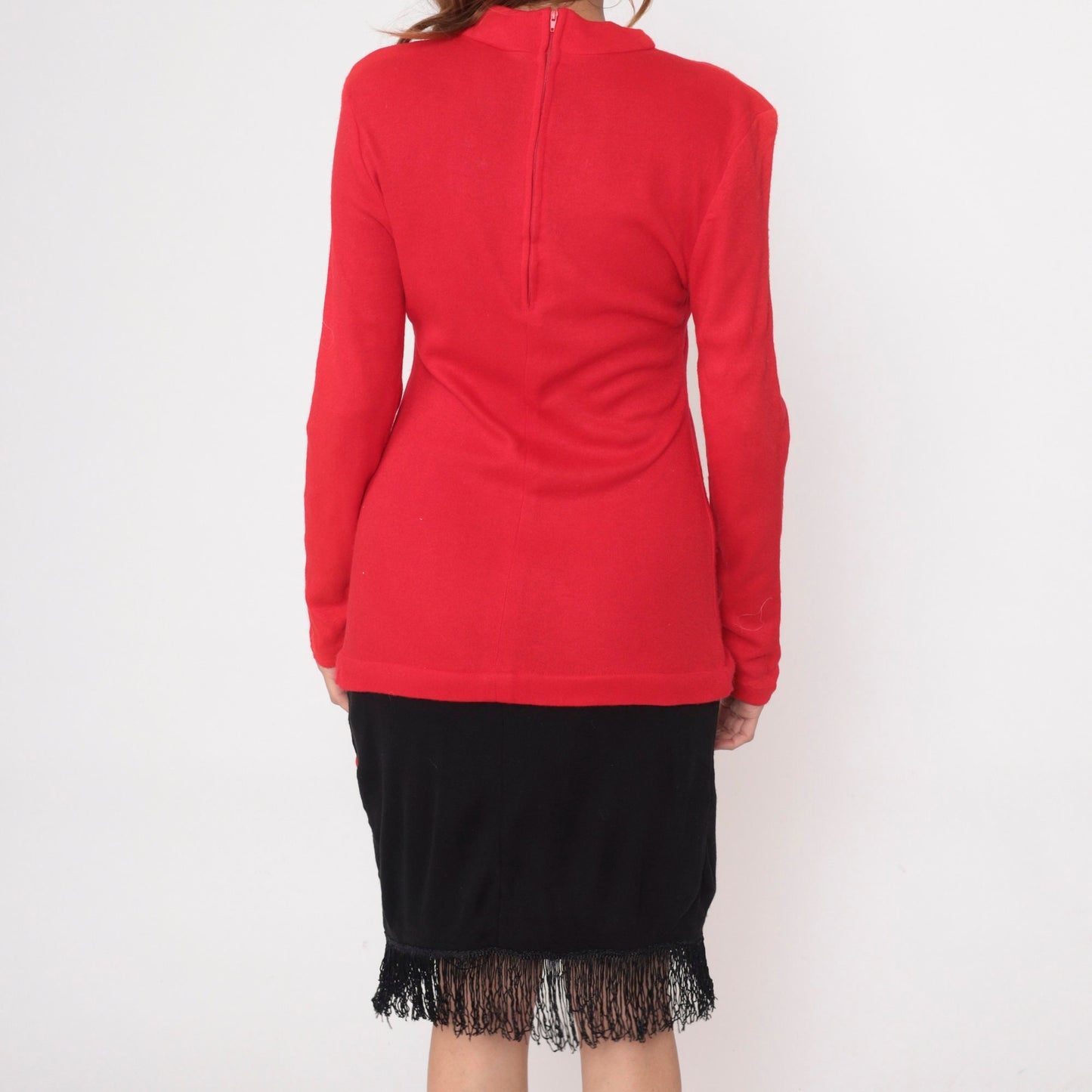 80s Color Block Dress Red Black Fringe Mock Neck Drop Waist Small