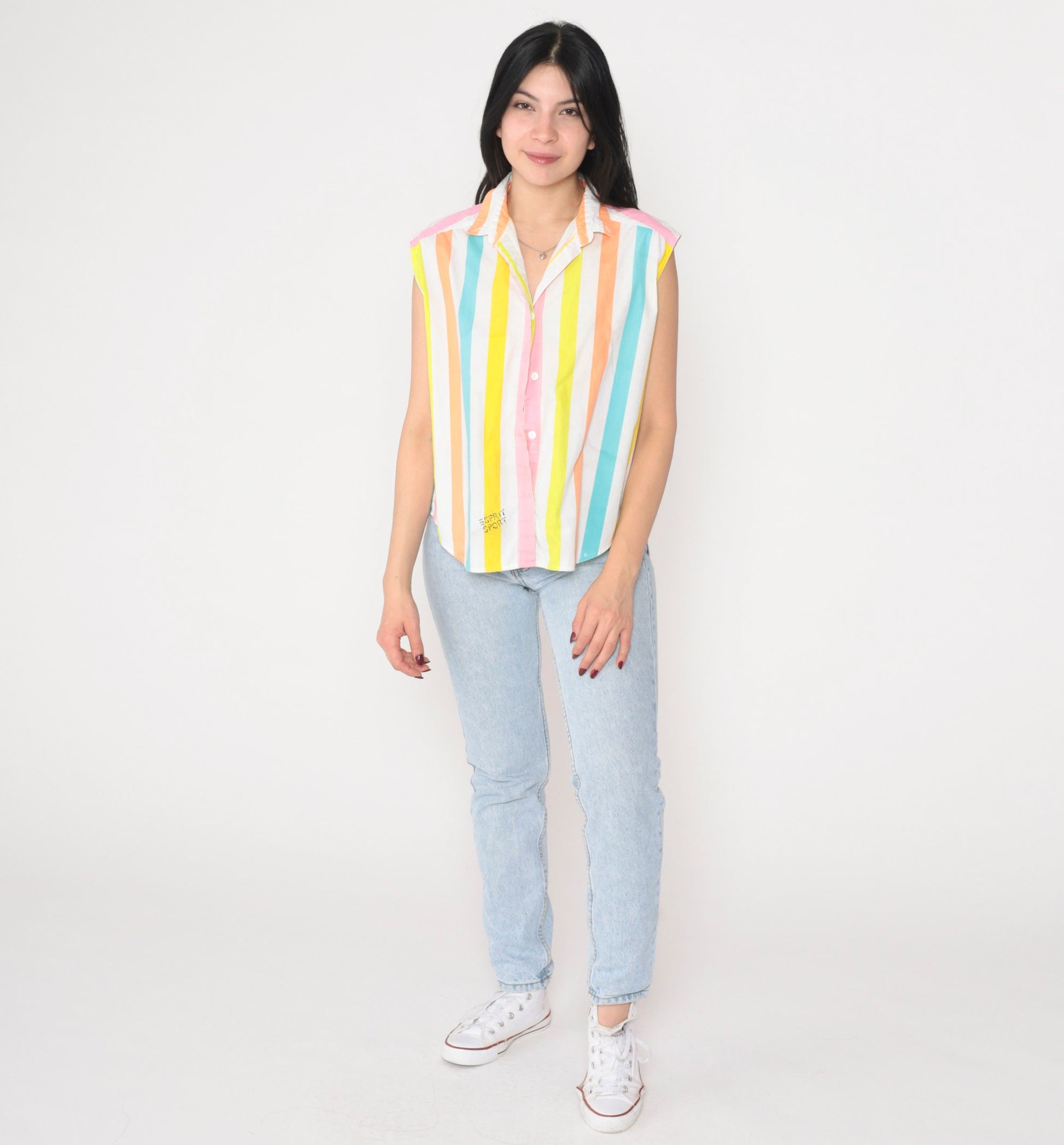90s Esprit Sport Striped Tank Top Collared Sleeveless Blouse Small S