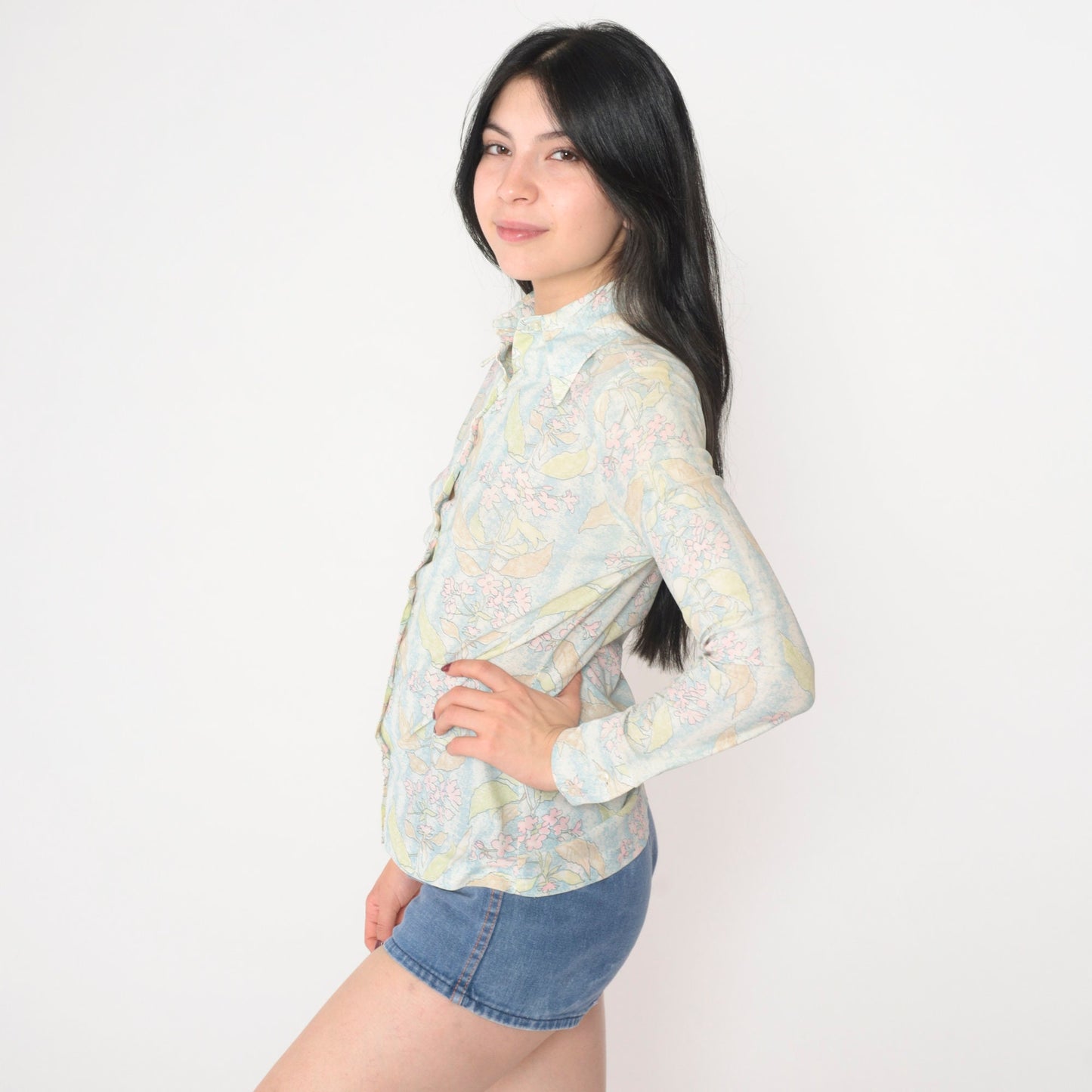 70s Floral Print Dagger Collar Blouse Long Sleeve Button Up Blue White Small