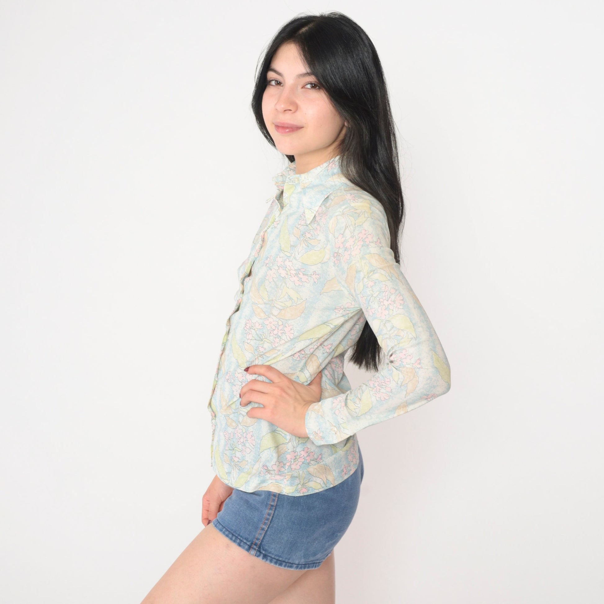 70s Floral Print Dagger Collar Blouse Long Sleeve Button Up Blue White Small