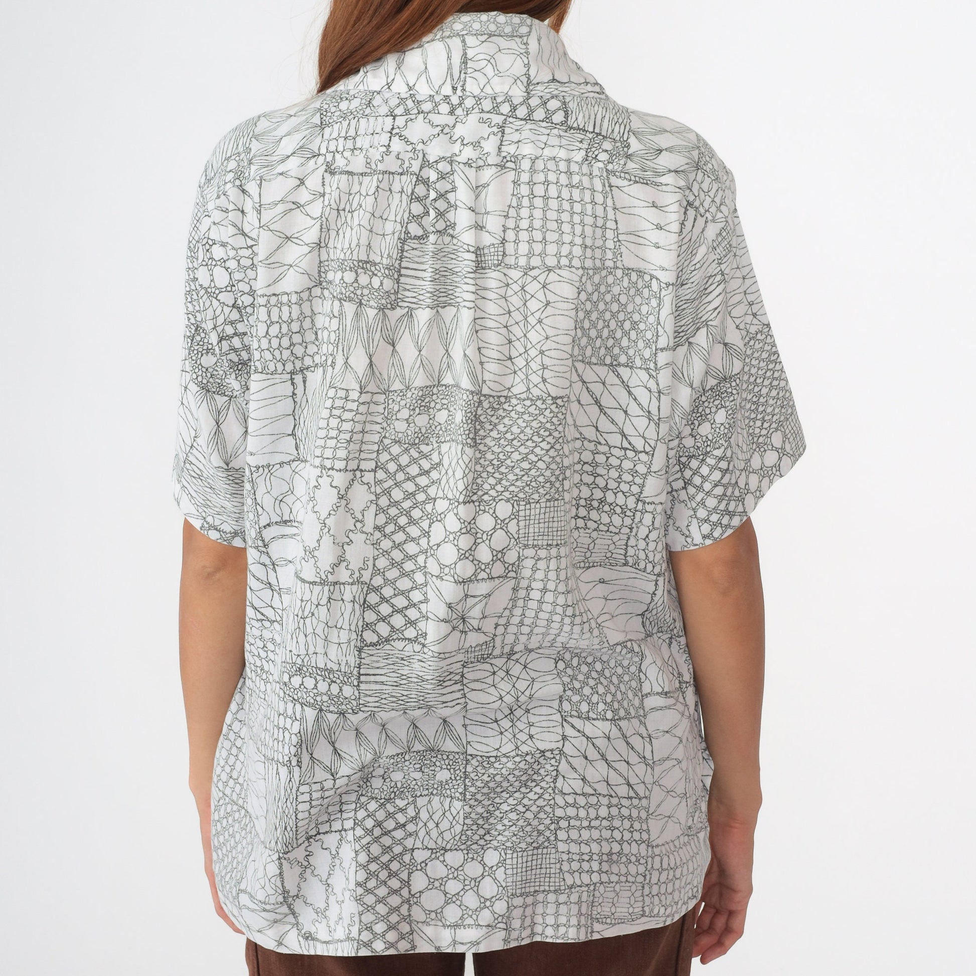 70s Andrade Geometric Polo Shirt Dagger Collar White Black Medium