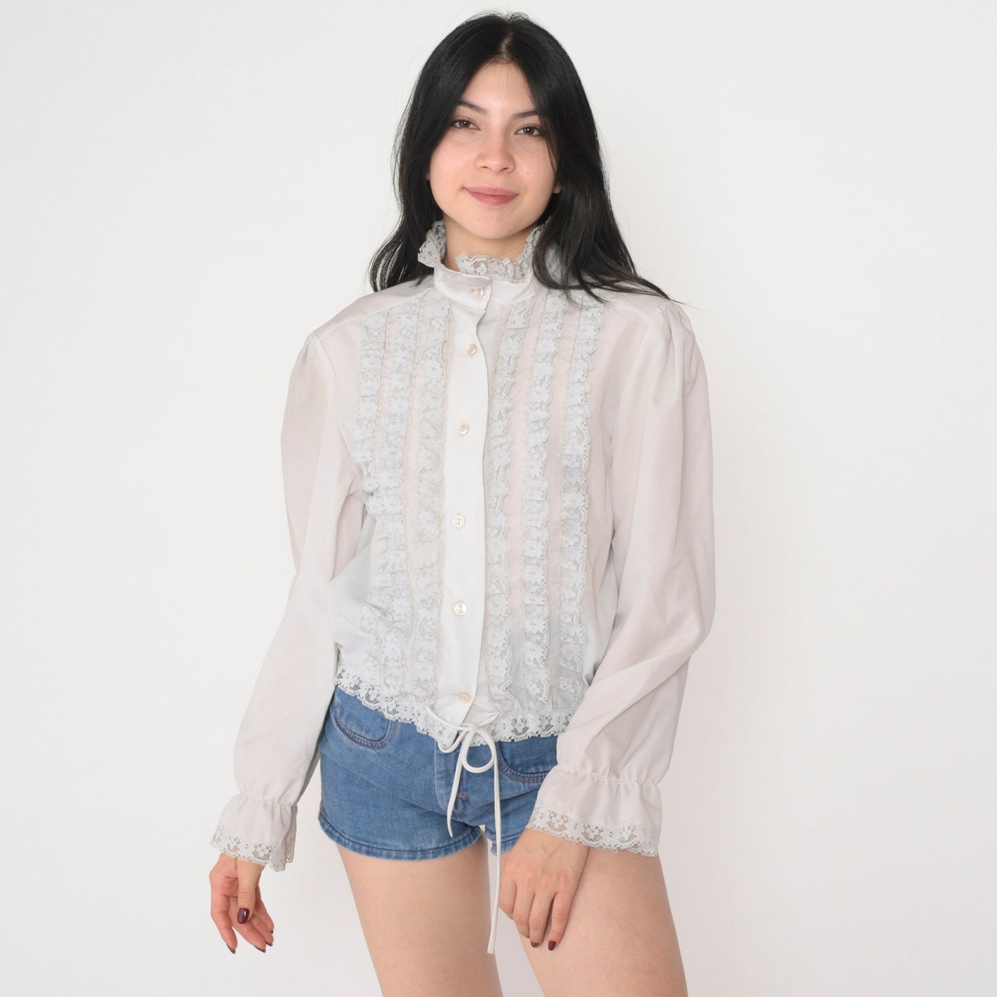 70s Off-White Lace Trim Puff Sleeve Button-Up Blouse High Neck Medium M