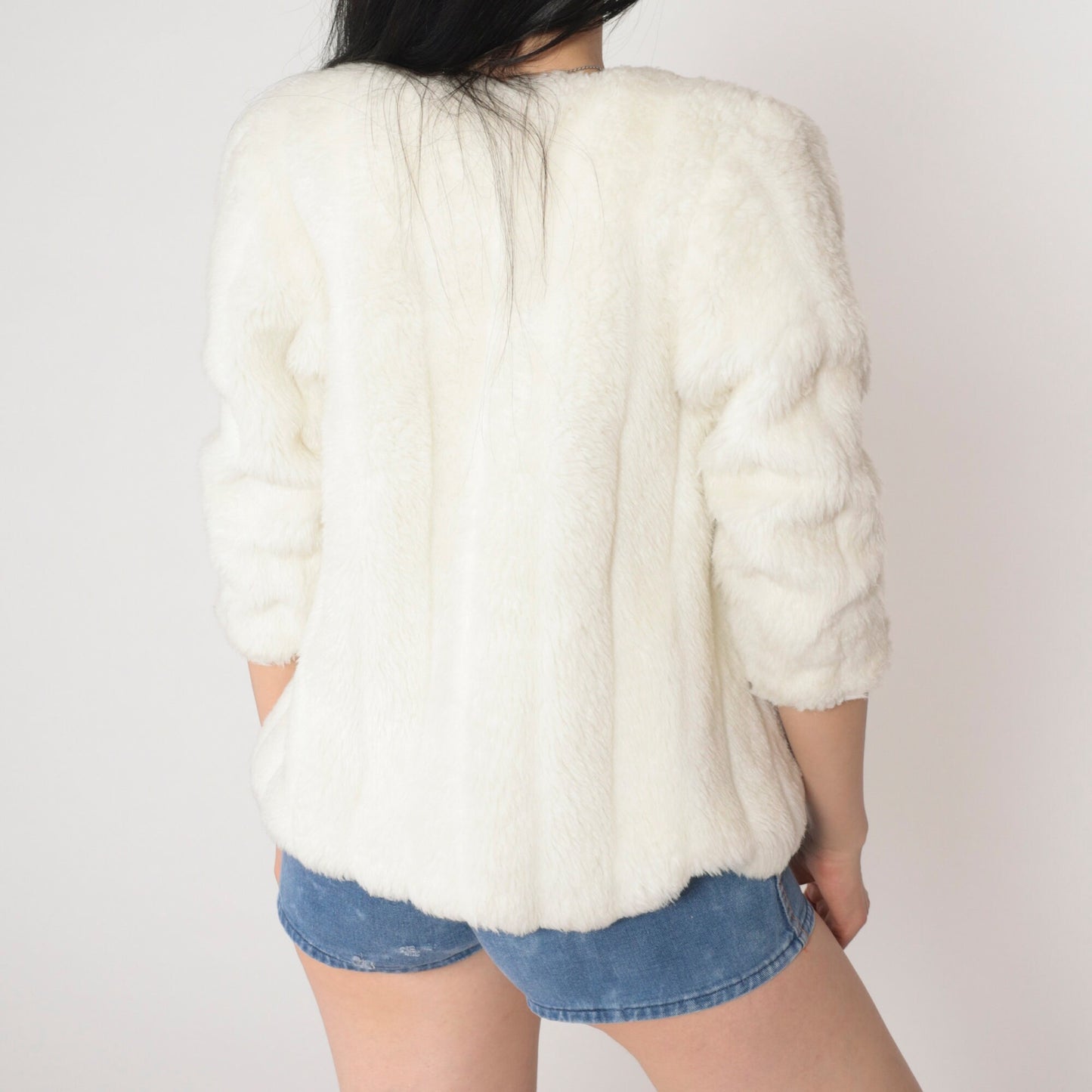 90s Off-White Faux Fur Jacket Open Front Tie Neck Pom Pom Extra Small