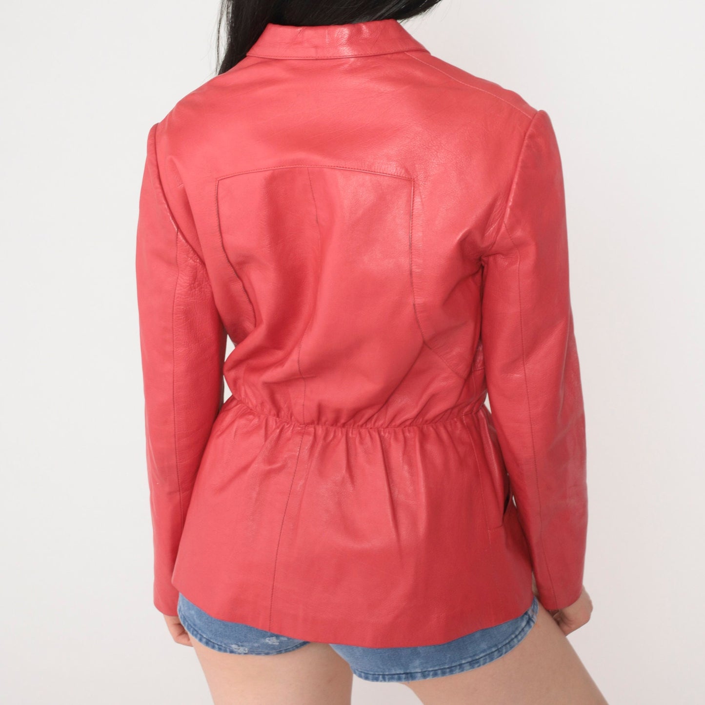 80s Dark Pink Leather Moto Jacket Rhinestone Belt Zip Small