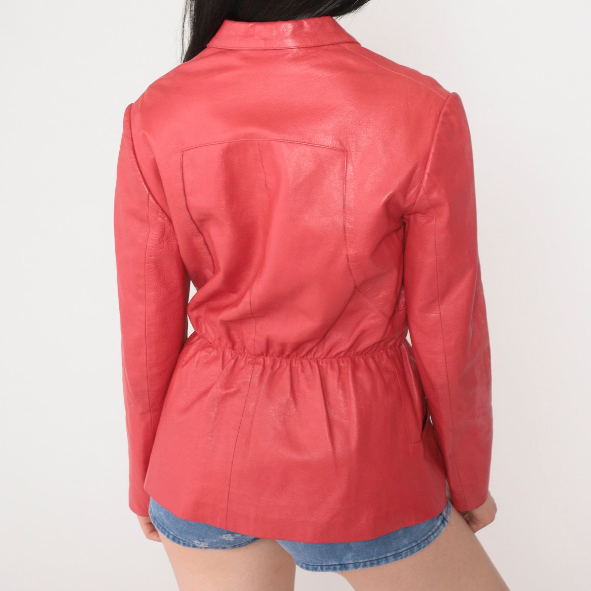 80s Dark Pink Leather Moto Jacket Rhinestone Belt Zip Small