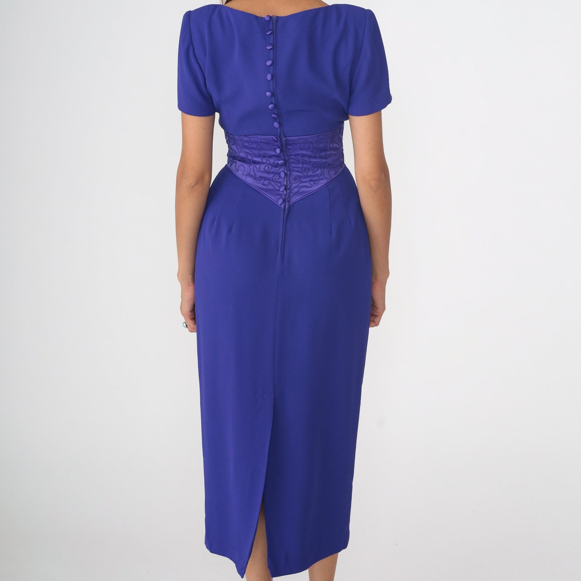 90s Donna Morgan Purple Soutache Midi Sheath Dress Pleated Pencil Small 4