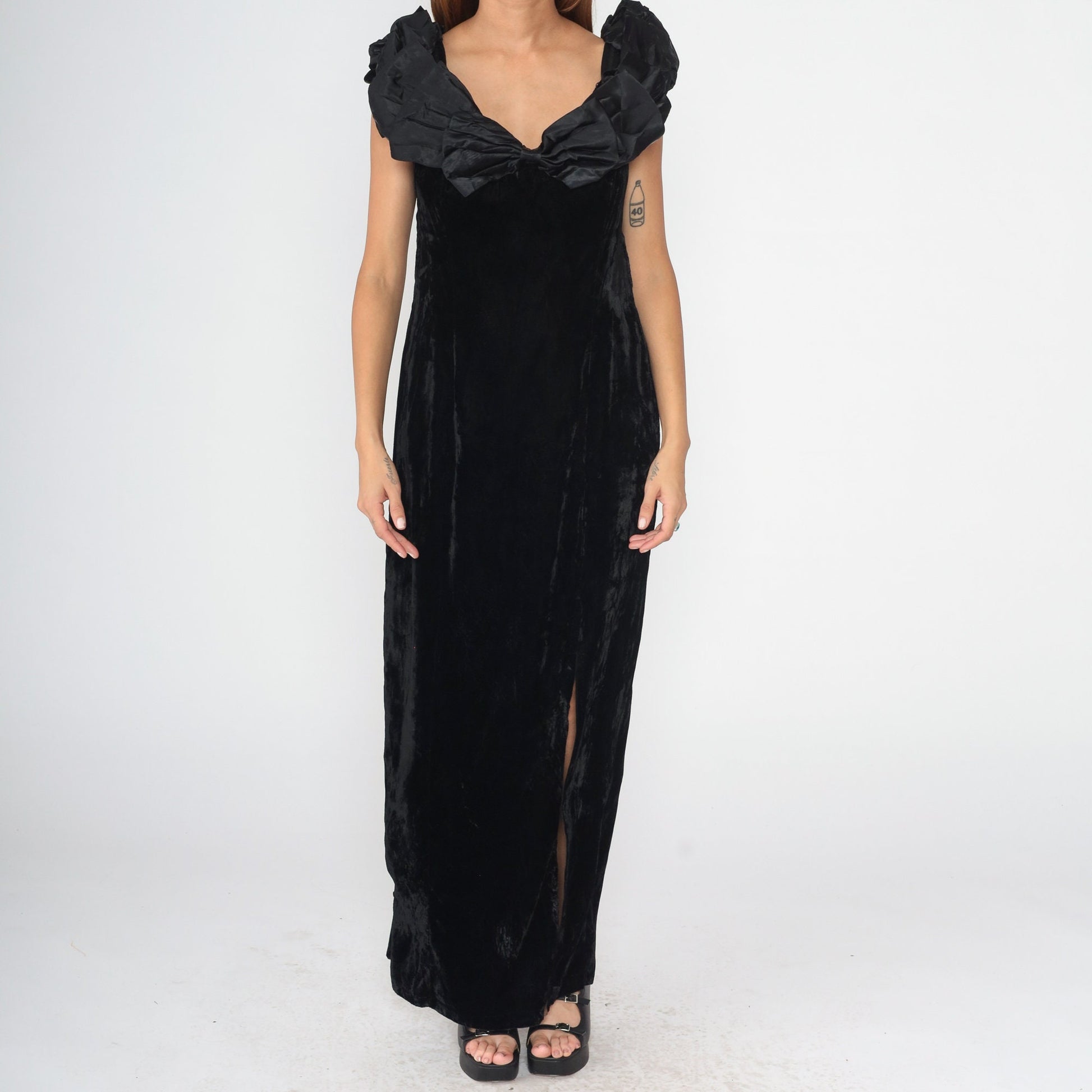 90s Black Velvet Maxi Dress Bow High Slit Sleeveless Evening Gown Large