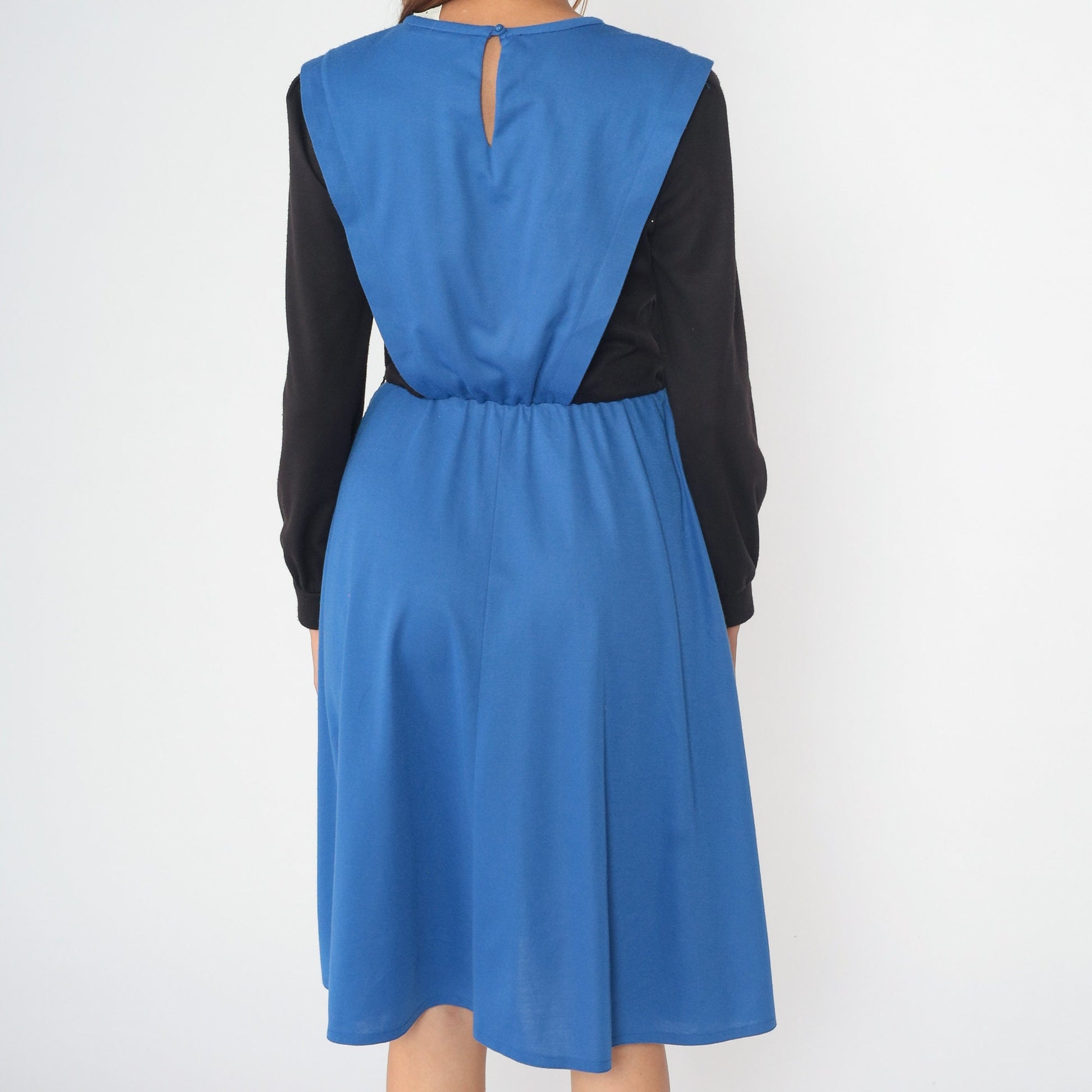 80s Color Block Midi Dress Black Blue High Waist Long Sleeve Small
