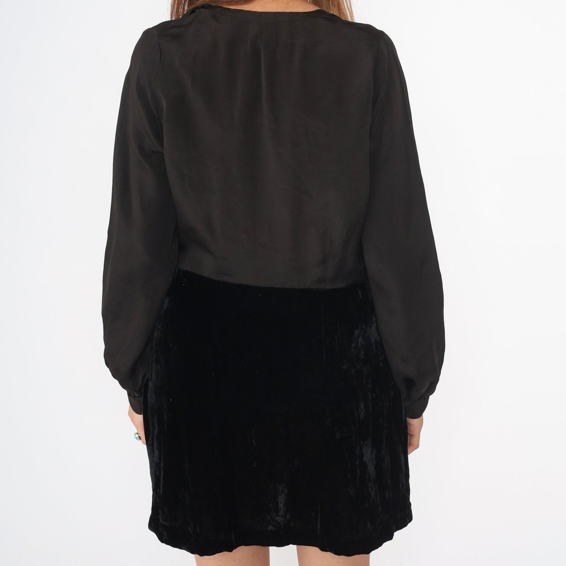 1940s Black Velvet Bow Neck Dress Long Sleeve Mini Medium