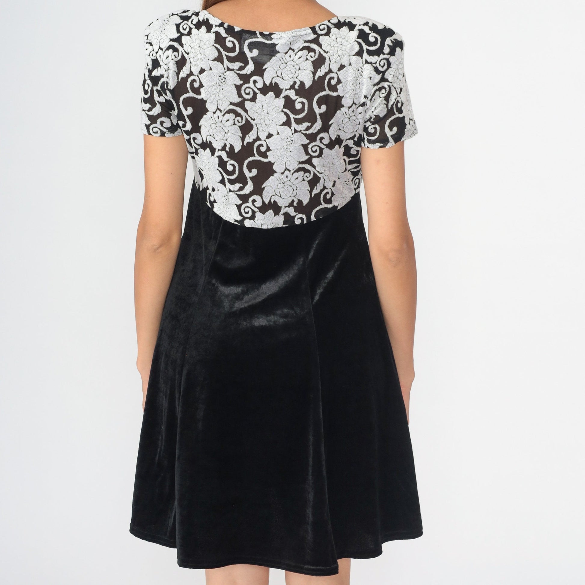 90s Molly Malloy Floral Velvet Mini Dress Black White Empire Waist Small Medium