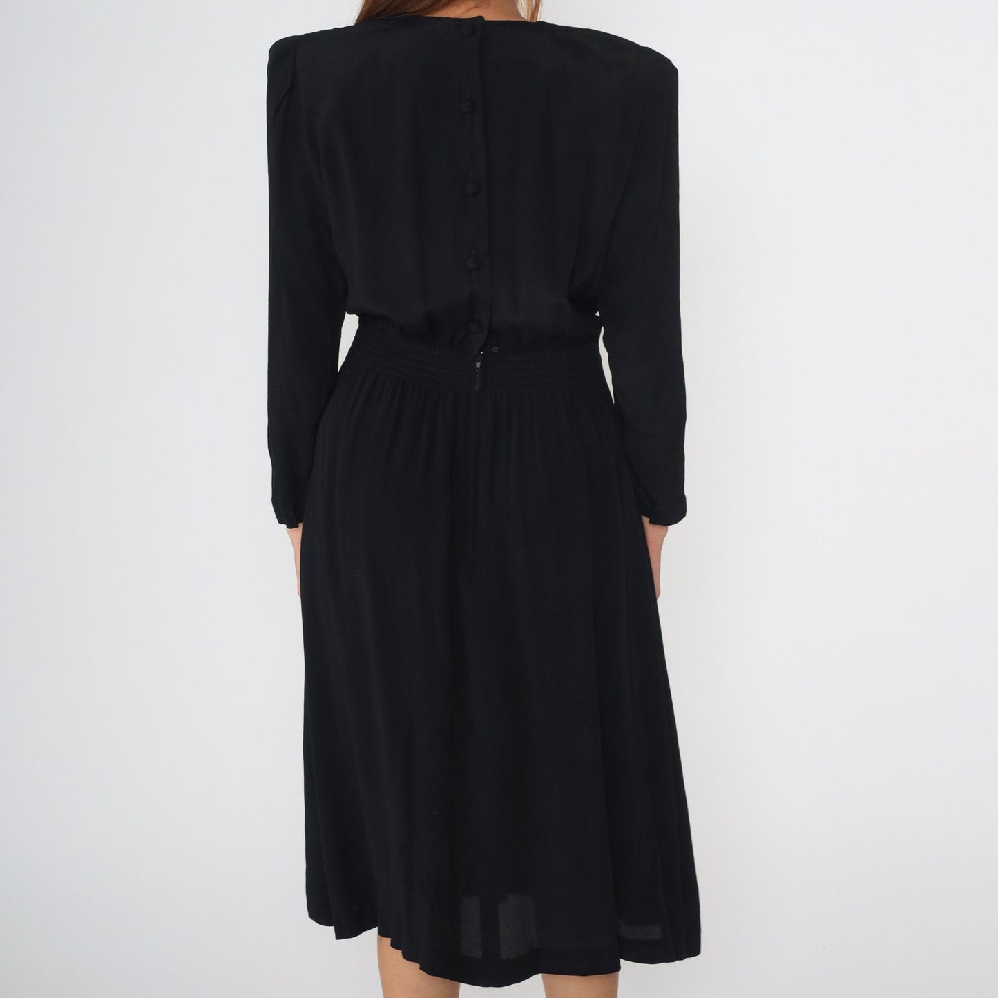 90s Black Midi Dress White Soutache Trim Power Shoulder Puff Sleeve Small