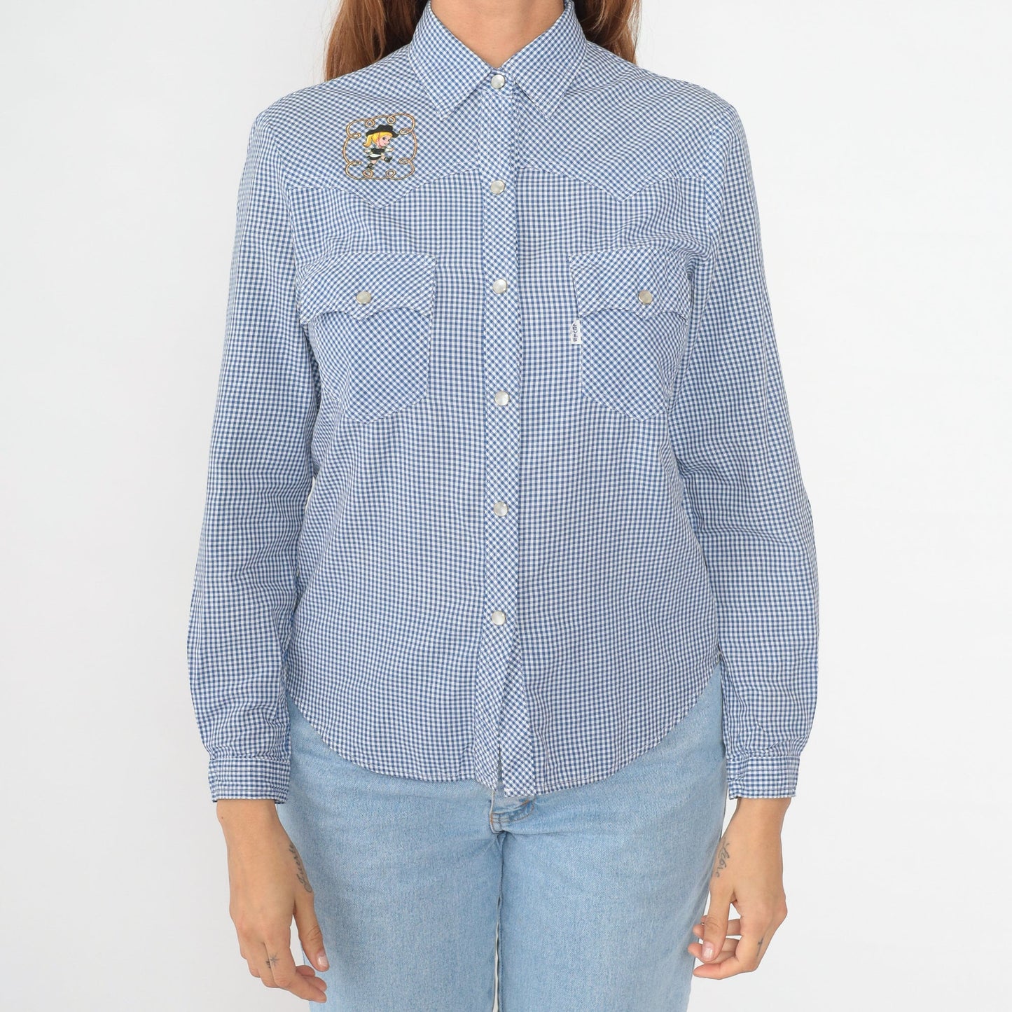 80s Levi's Western Shirt Gingham Pearl Snap Cowgirl Embroidered Extra Small