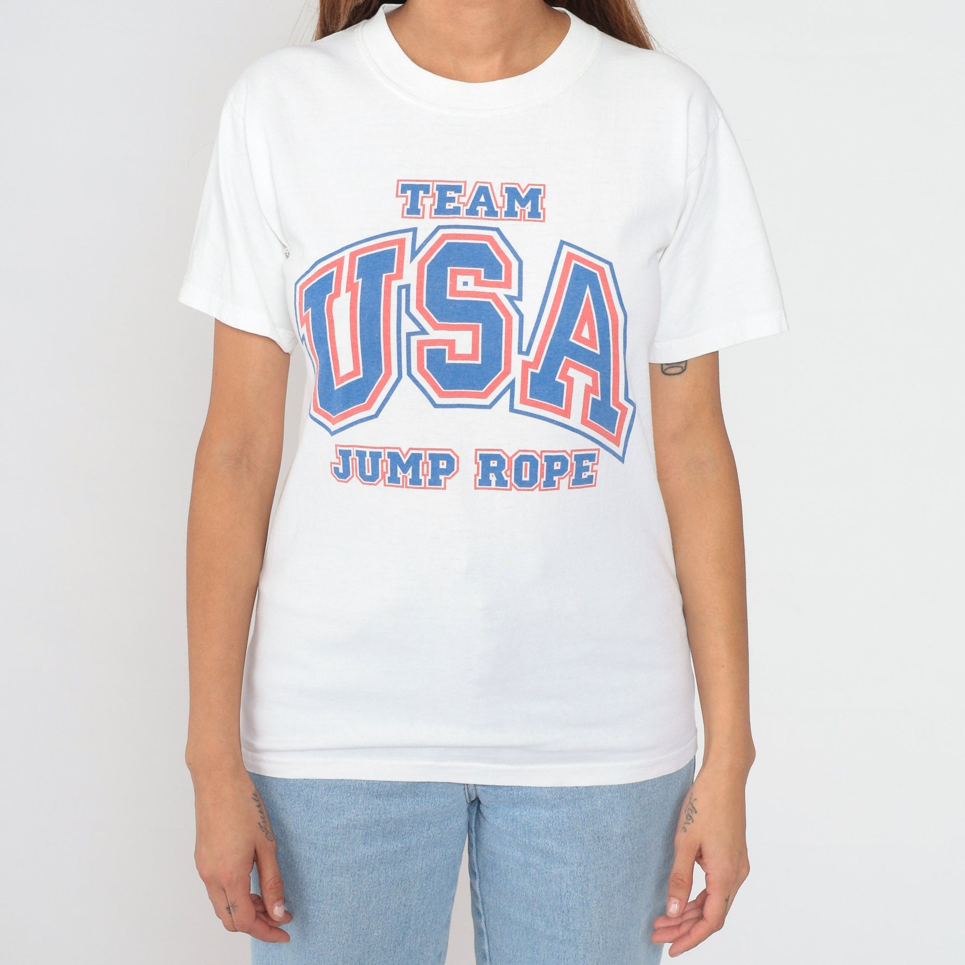 Y2K Team USA Jump Rope Graphic T-Shirt White Cotton Small