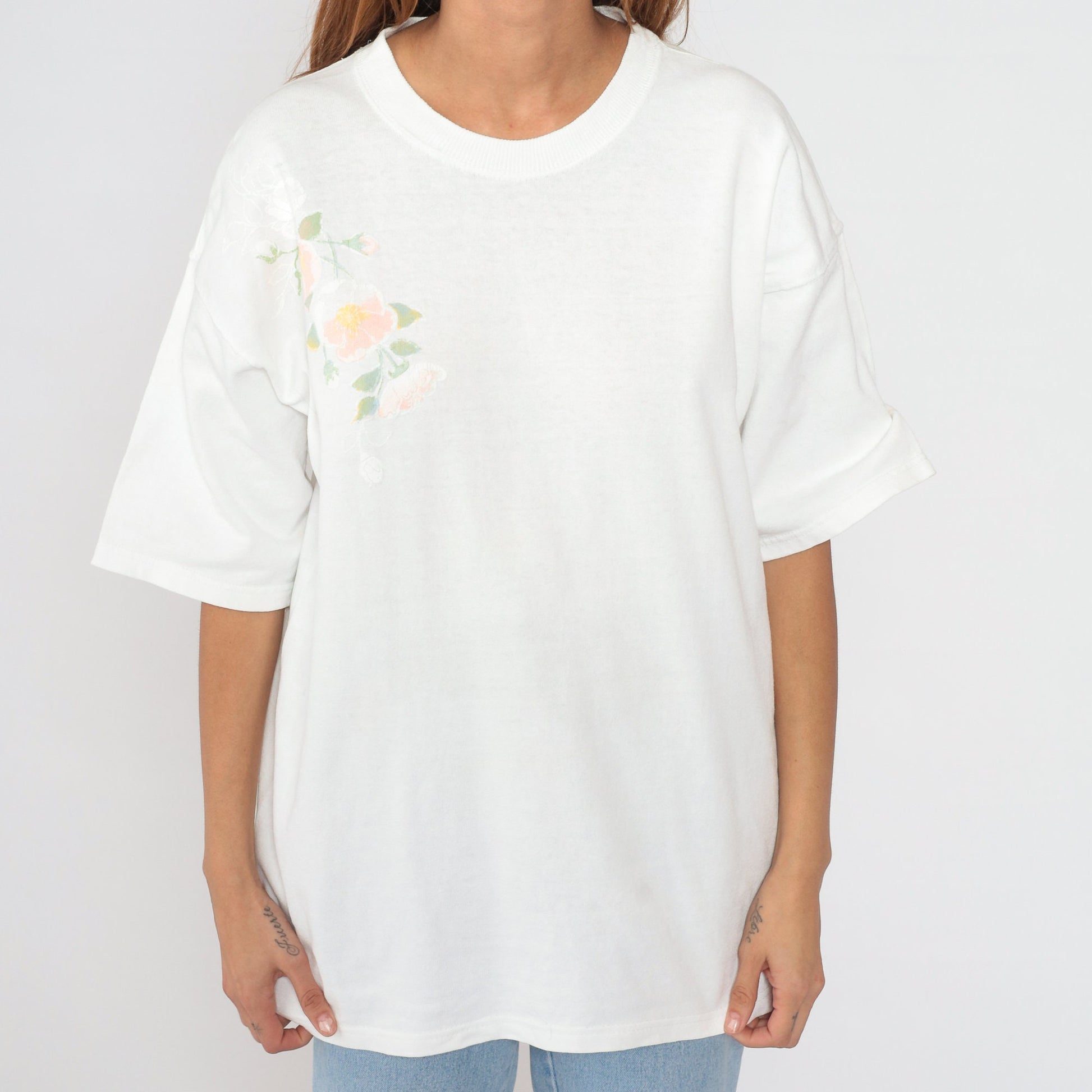 90s Lee White Floral Graphic T-Shirt Cotton Crewneck Large