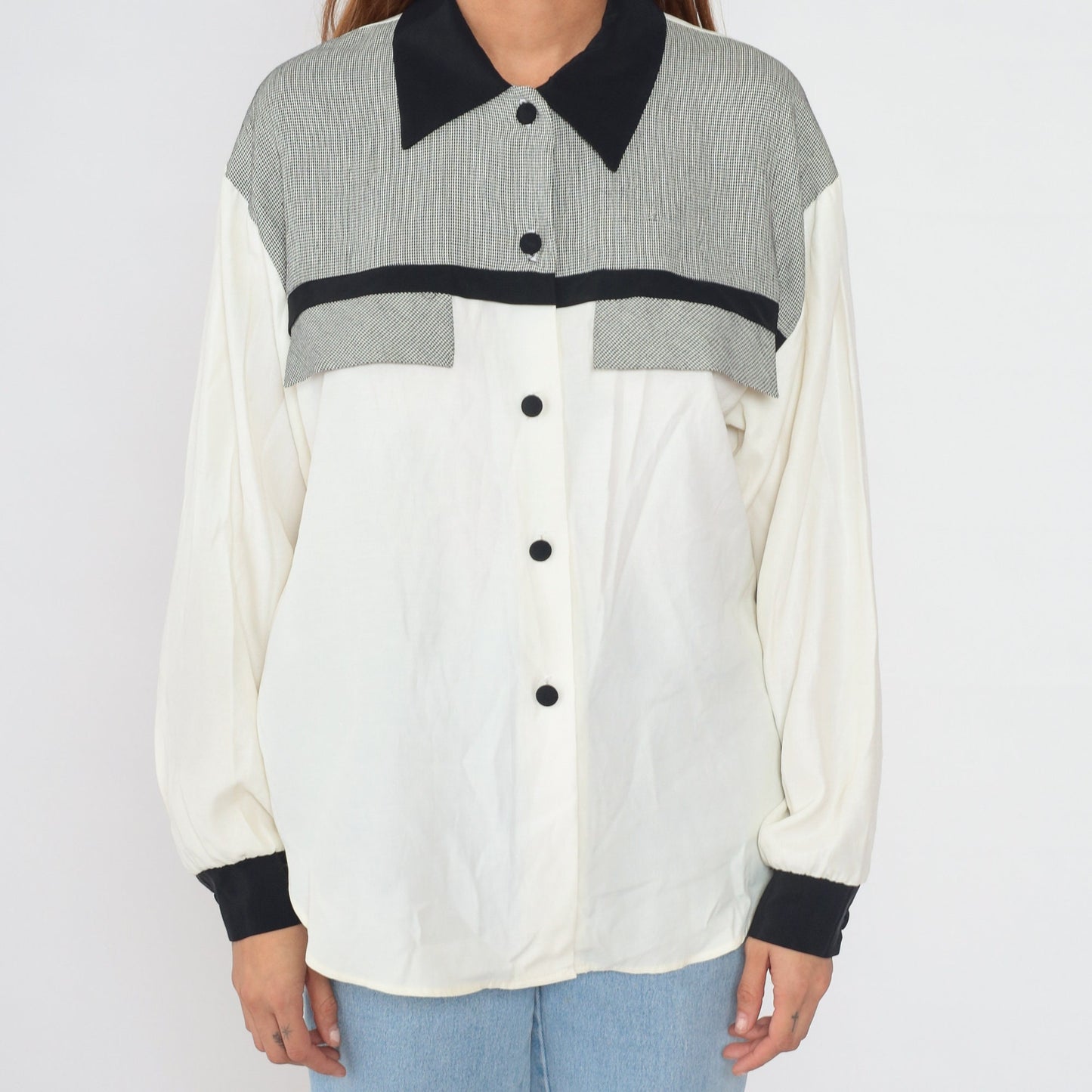 90s Black and White Gingham Checkered Button-Up Blouse Long Sleeve Collared Medium
