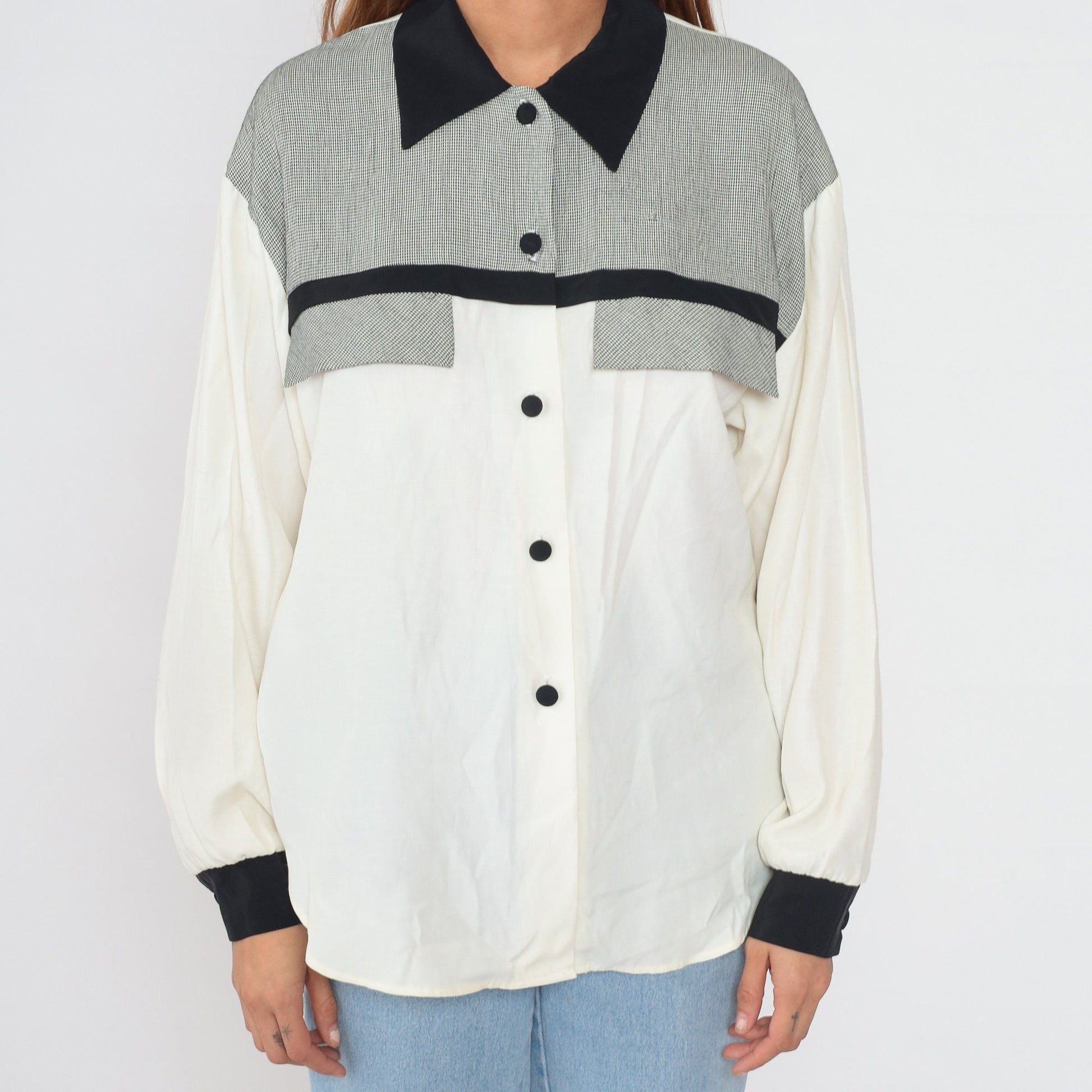 90s Black and White Gingham Checkered Button-Up Blouse Long Sleeve Collared Medium