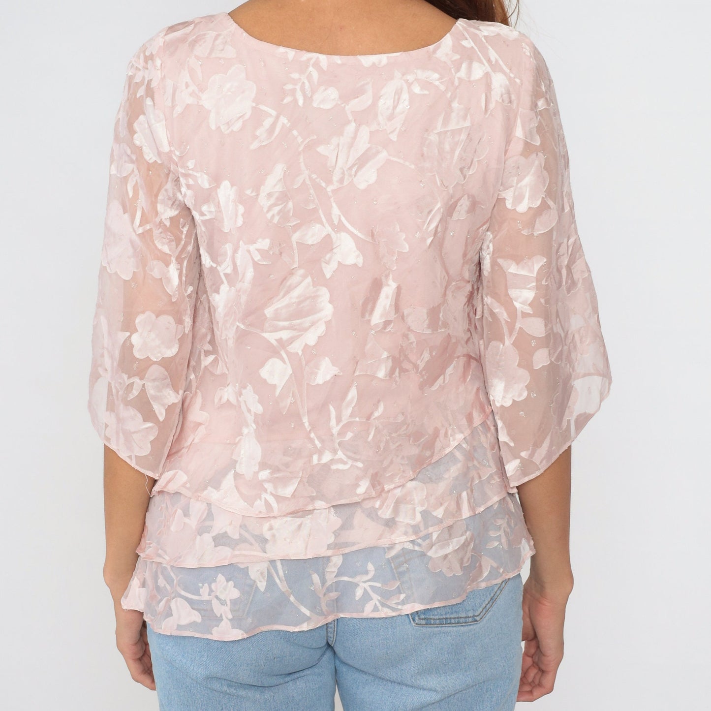 Y2K Pink Floral Blouse Alex Evenings Sparkly Wide Sleeve Small