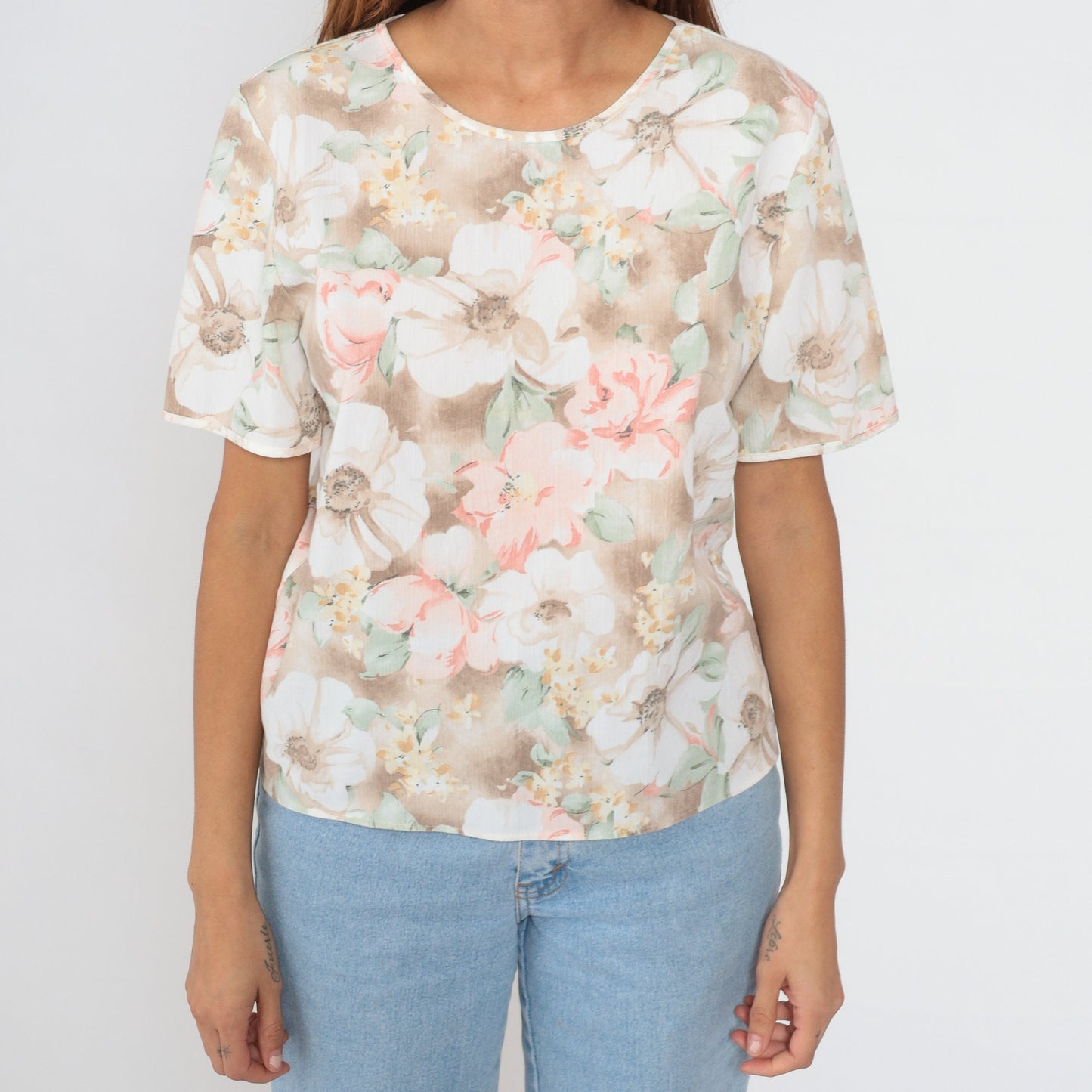 90s Muted Floral Blouse Watercolor Print Short Sleeve Top Small