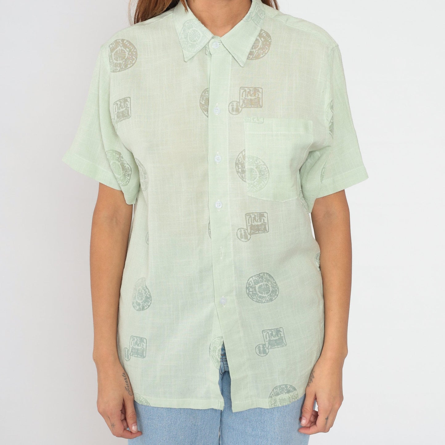 90s Quiksilver Medallion Print Button-Up Shirt Green Semi-Sheer Large L