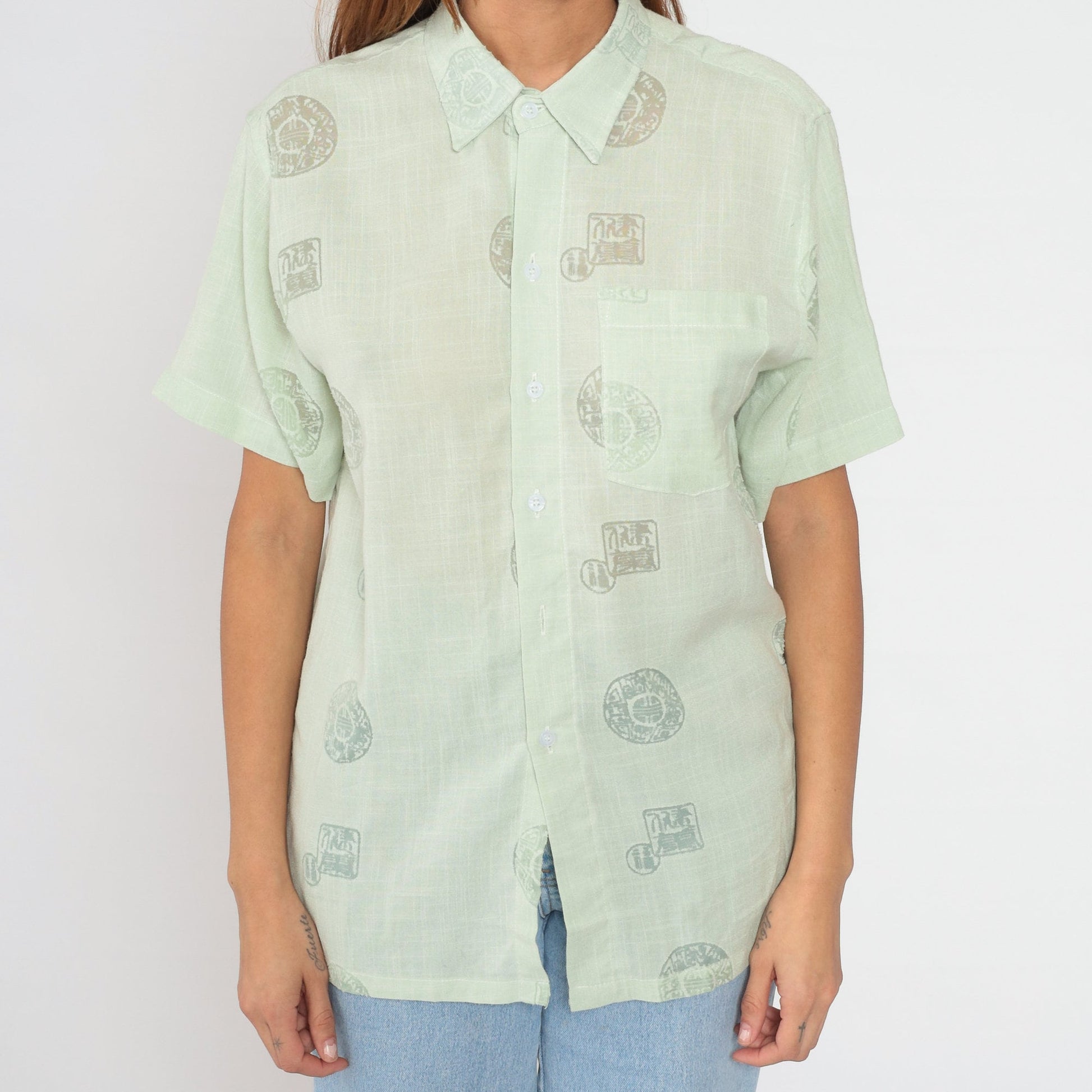 90s Quiksilver Medallion Print Button-Up Shirt Green Semi-Sheer Large L