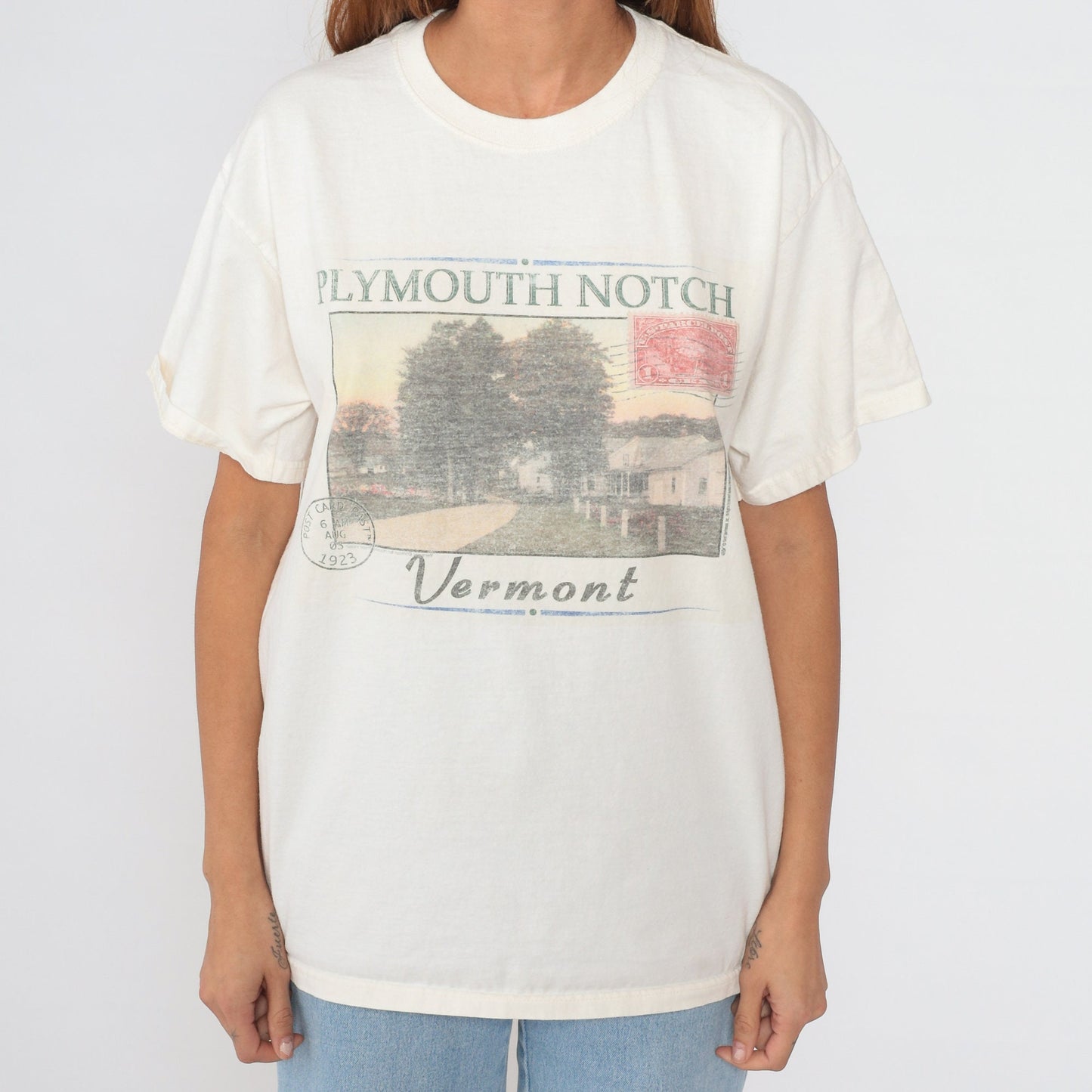 00s Plymouth Notch Vermont Graphic T-Shirt Off-White Cotton Tee Large L