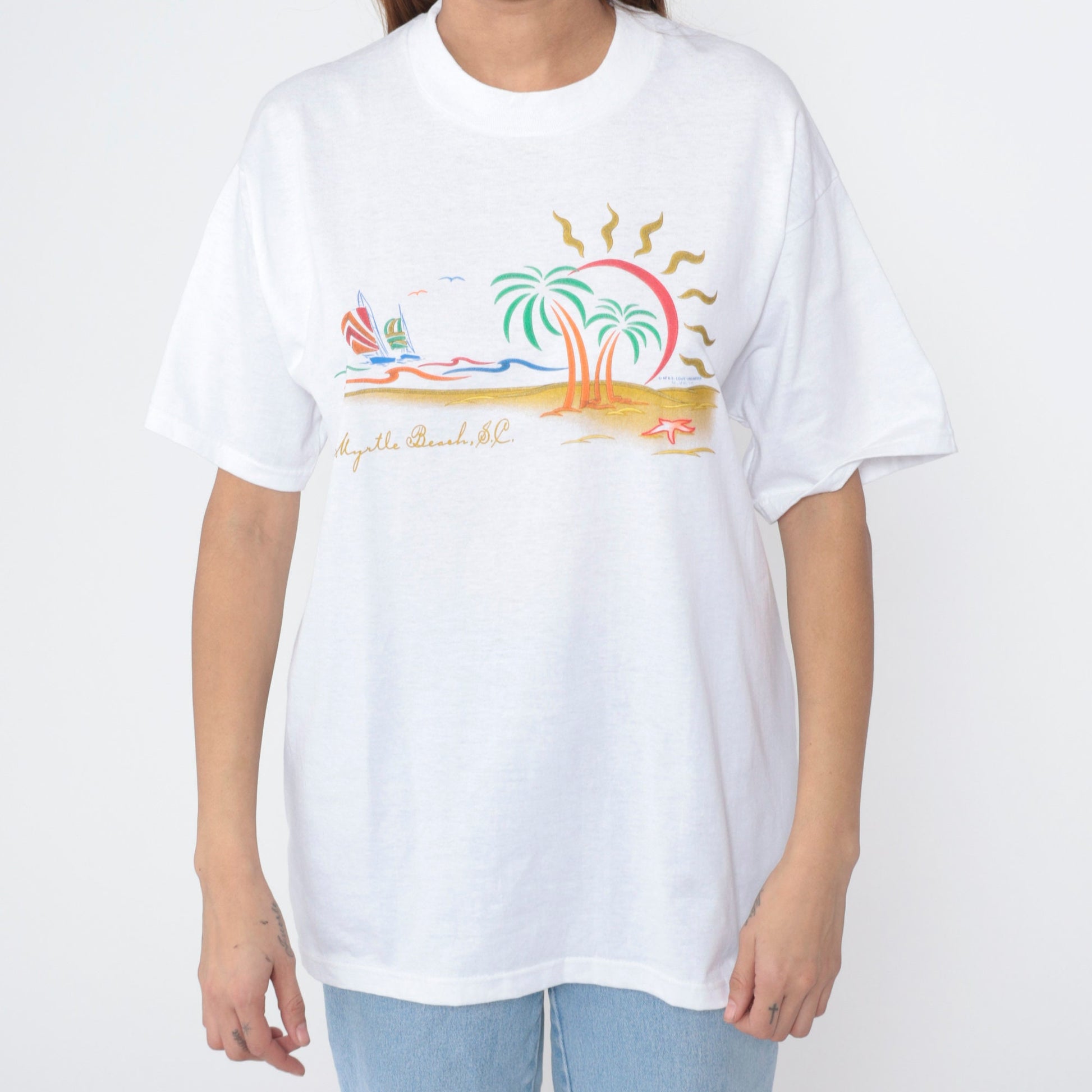 00s Myrtle Beach South Carolina Sailboat Graphic T-Shirt White Cotton Large