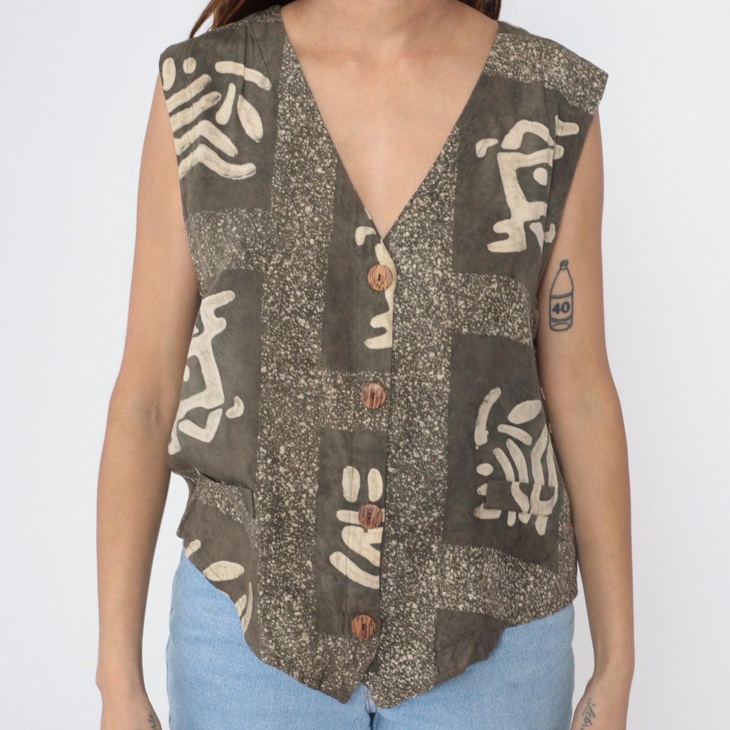 Y2K Petroglyph Print Vest Brown Rayon V-Neck Button-Up Sleeveless Large L