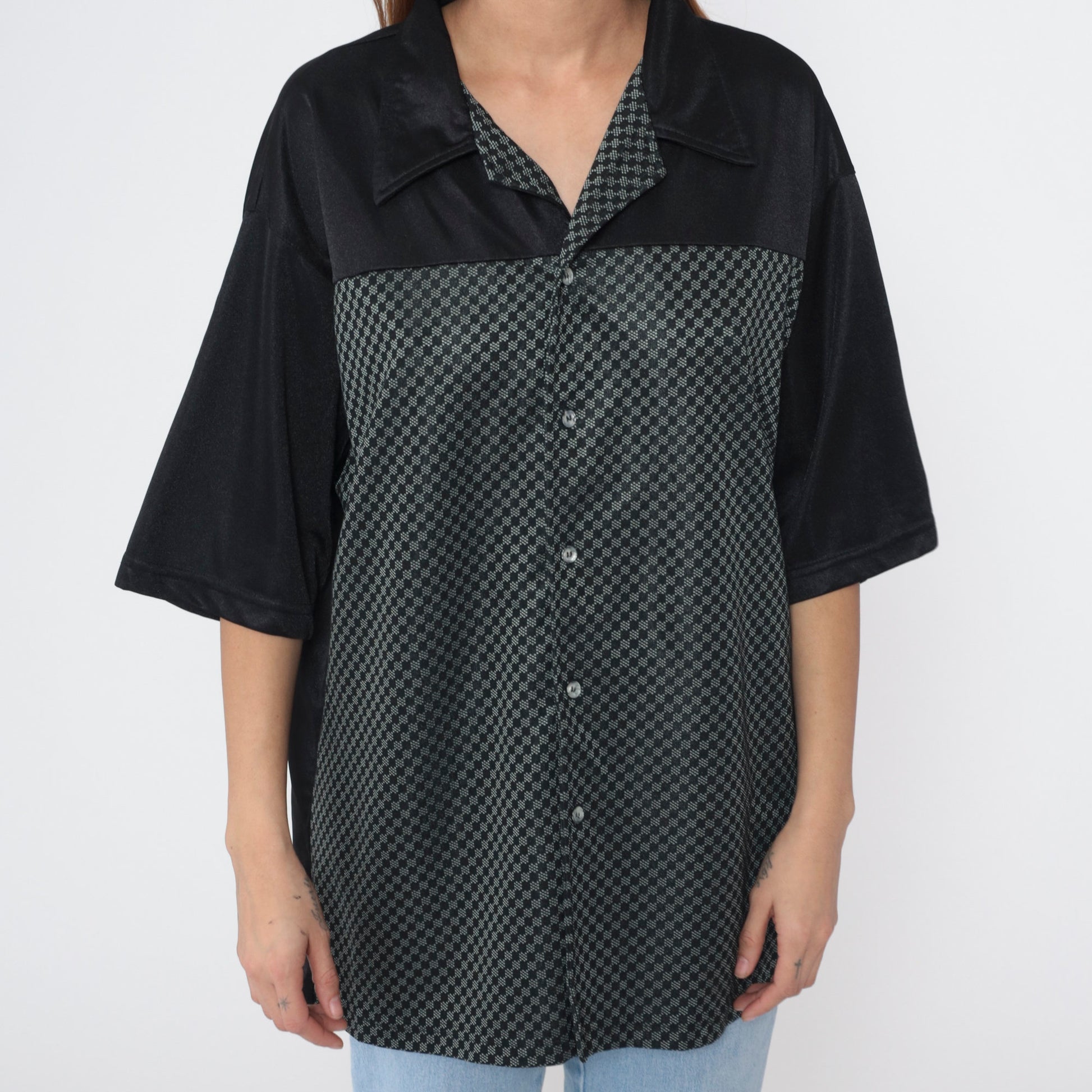 Y2K Black Checkered Button Up Shirt Short Sleeve Men's Extra Large XXL