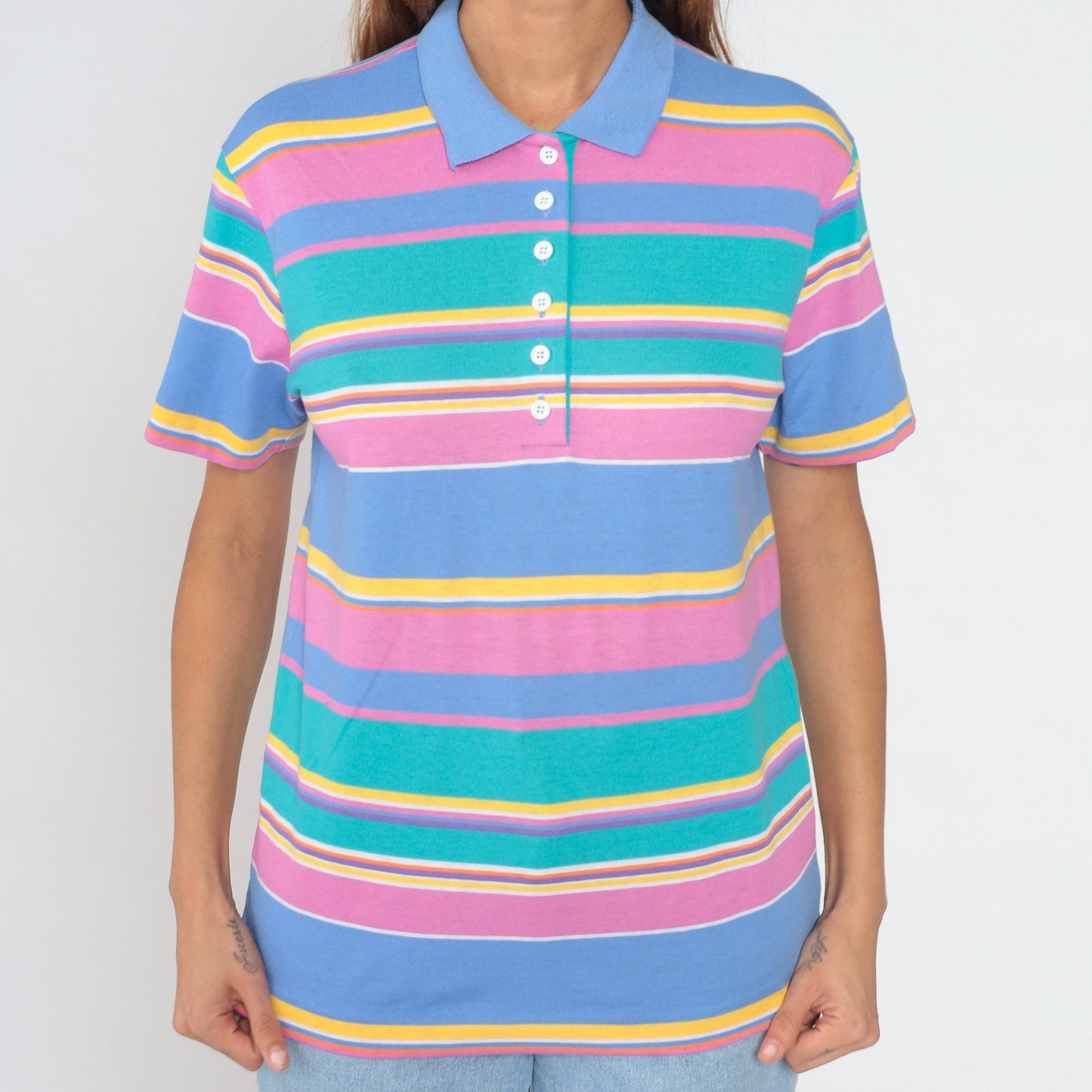 90s Jantzen Striped Polo Shirt Multicolour Half-Button Collared Tee Medium M