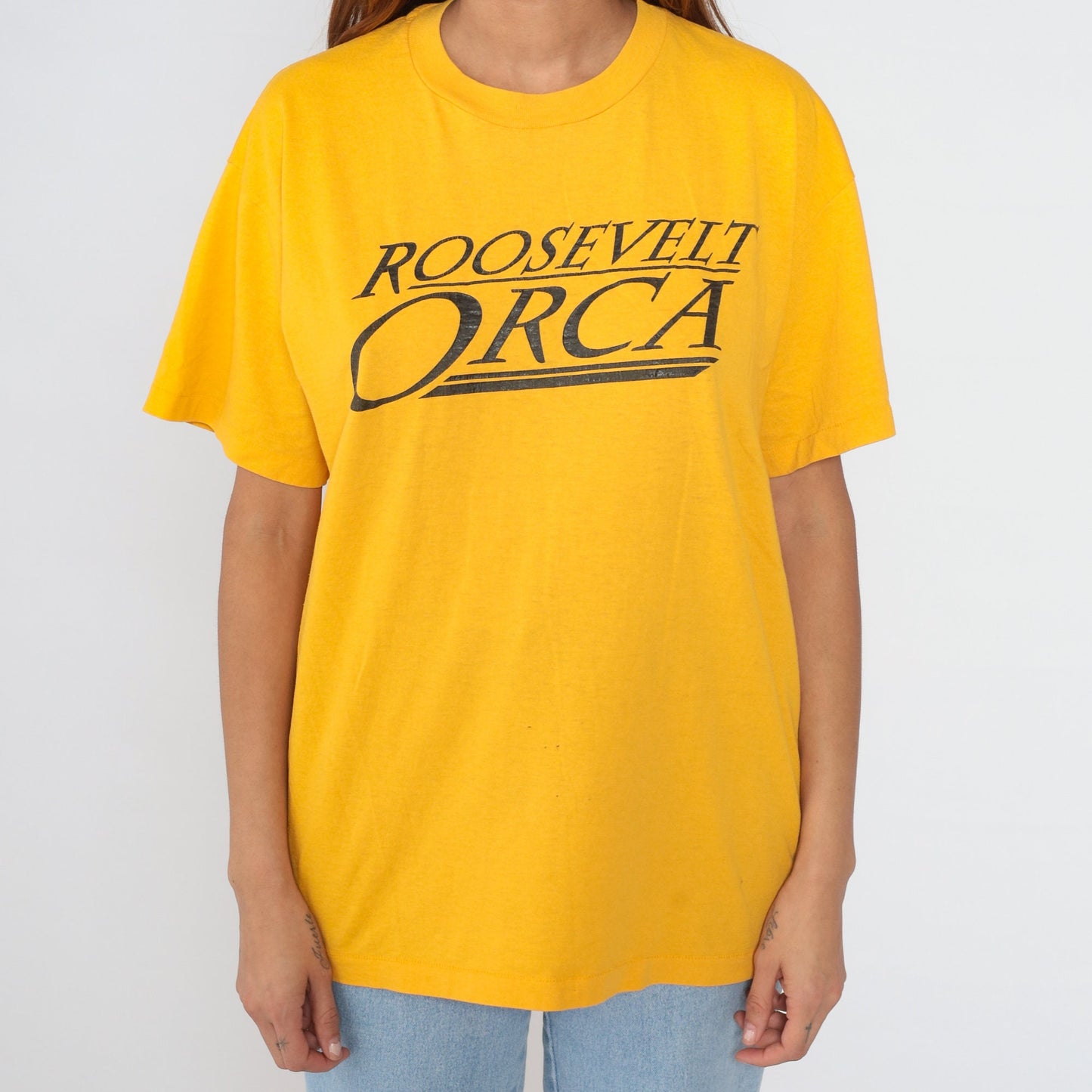 80s Roosevelt Orca Seattle High School Graphic Tee Yellow Single Stitch Large