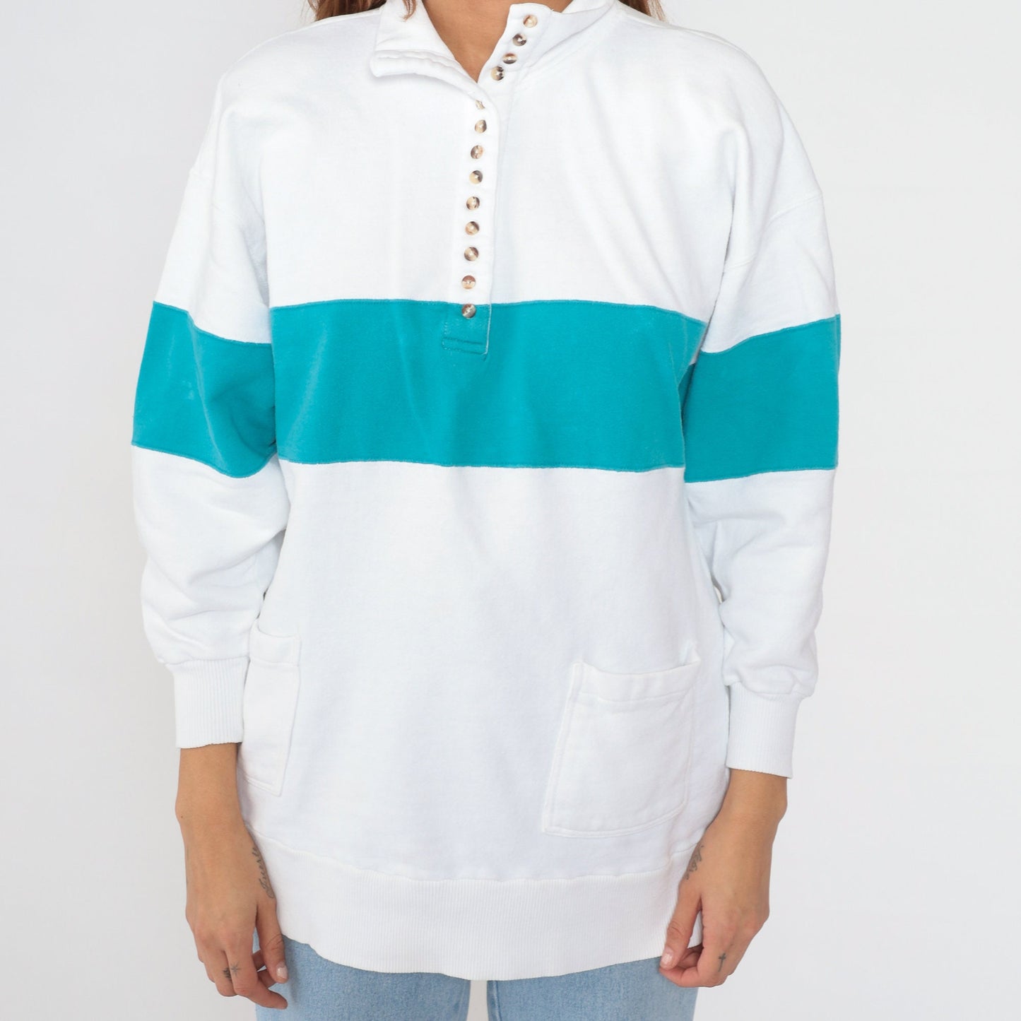 90s Striped Henley Sweatshirt White Blue Button-Up Pullover Cotton Large L