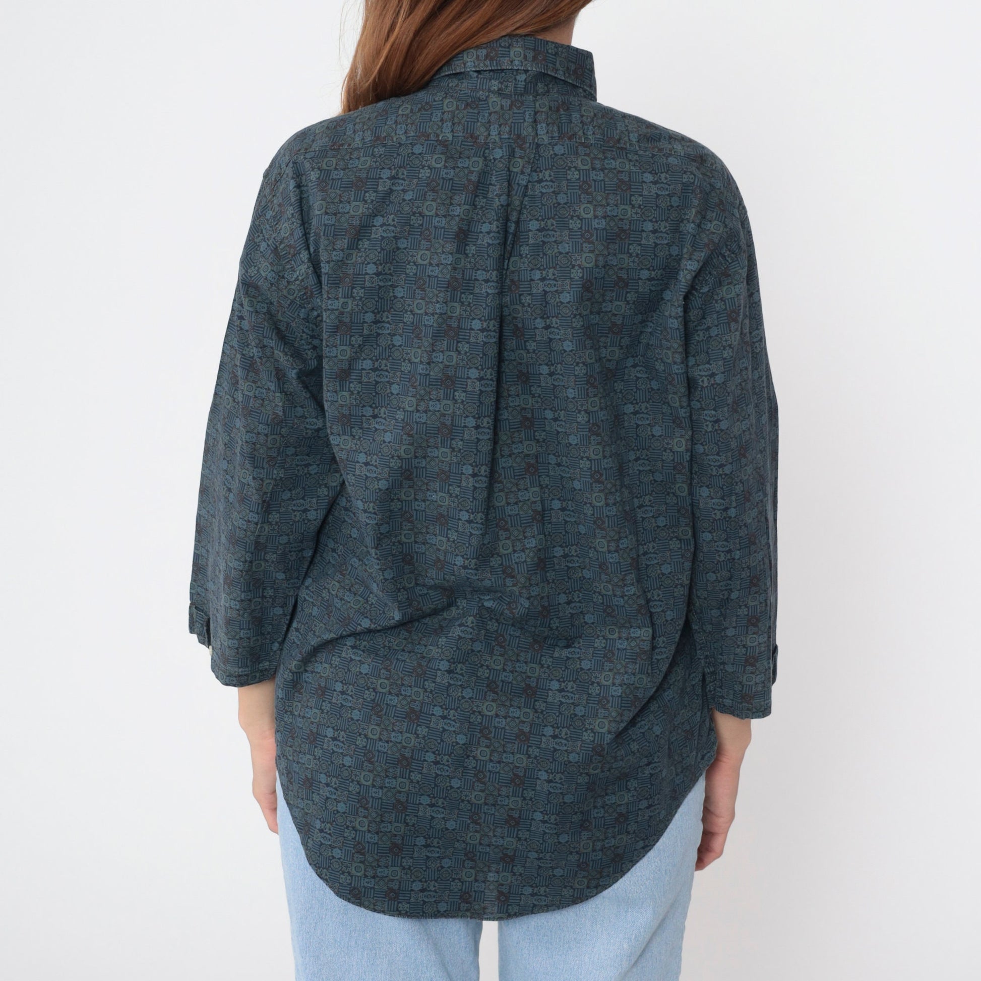 90s Towncraft Polo Shirt Blue Geometric Print Quarter Button 3/4 Sleeve Large L