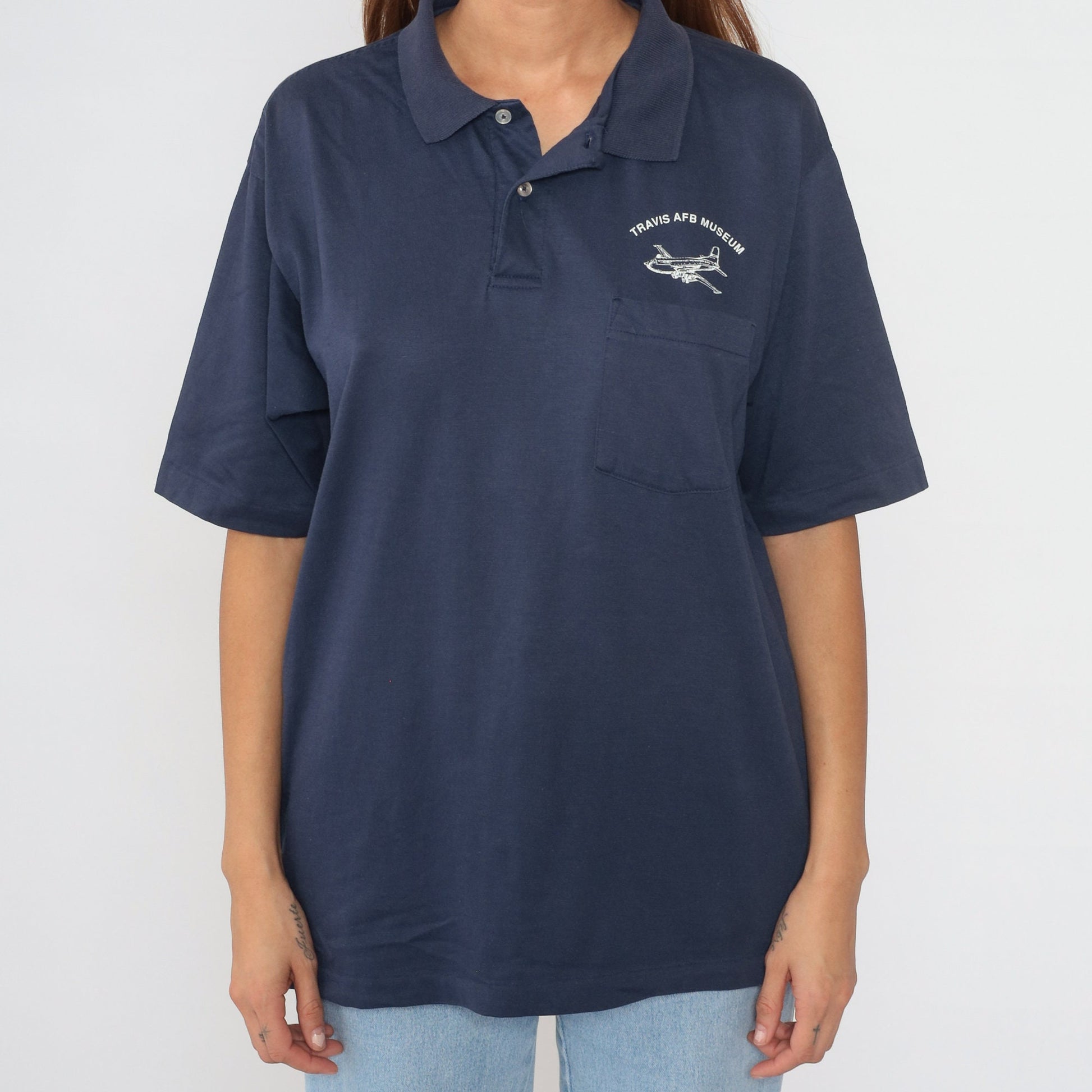 90s Travis AFB Navy Polo Shirt US Air Force Base Graphic Extra Large