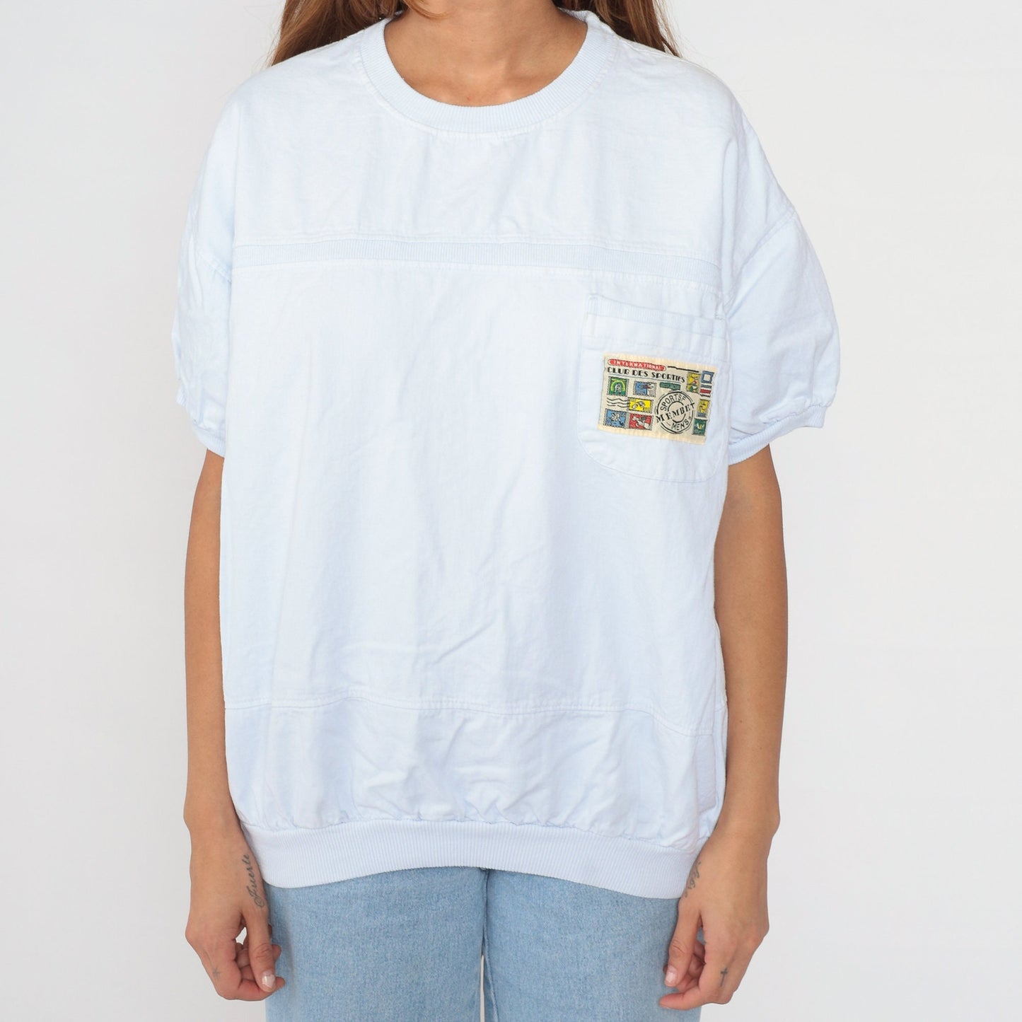 90s Club Des Sportifs White Logo T-Shirt Banded Hem Chest Patch Large L