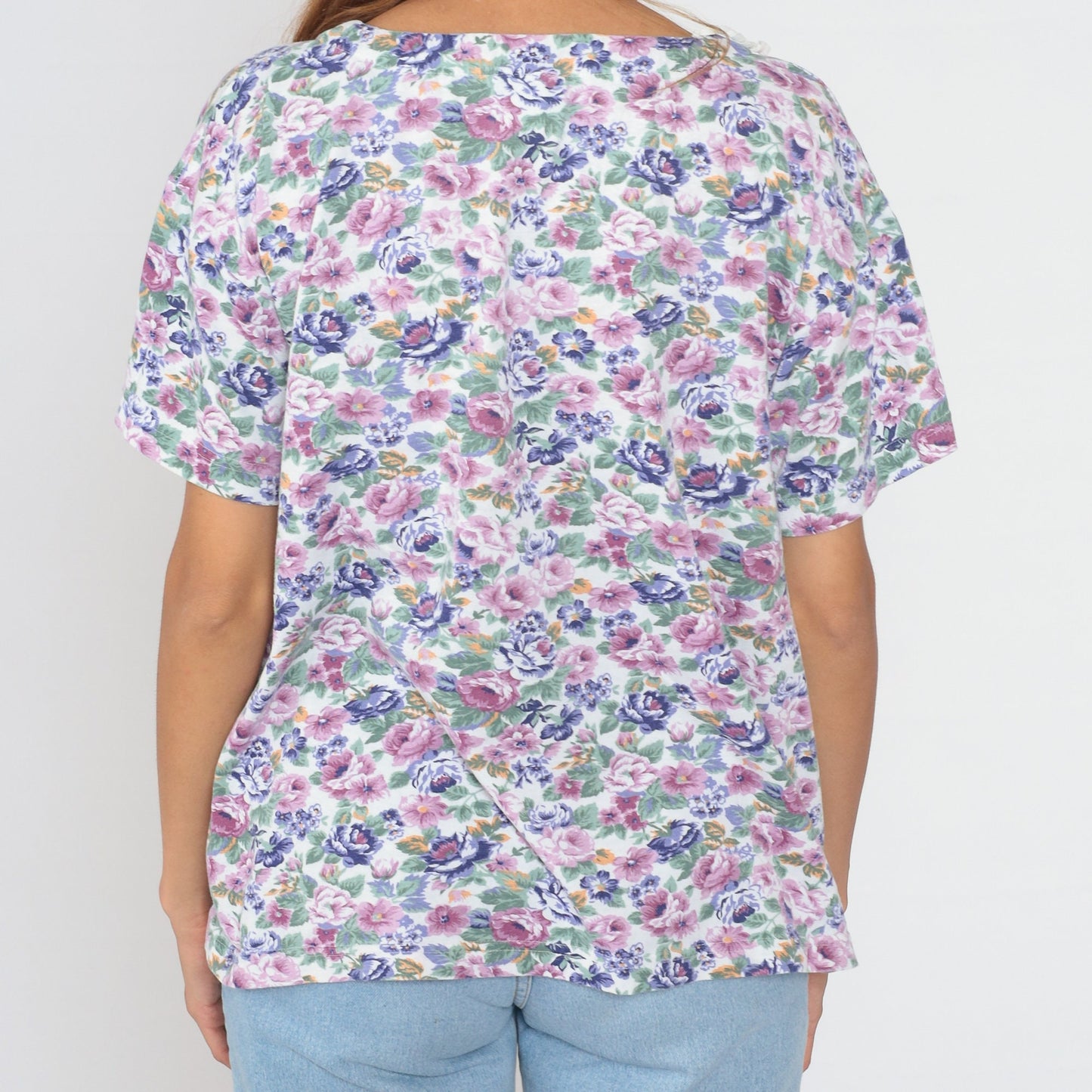 90s Floral Henley Shirt White Rose Print Short Sleeve Half Button Top Large L