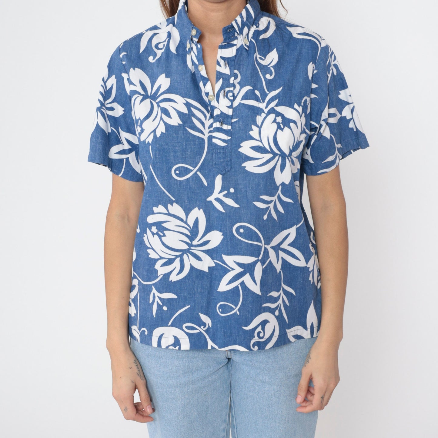 00s Blue Floral Tropical Cotton Button-Up Shirt Short Sleeve Extra Small