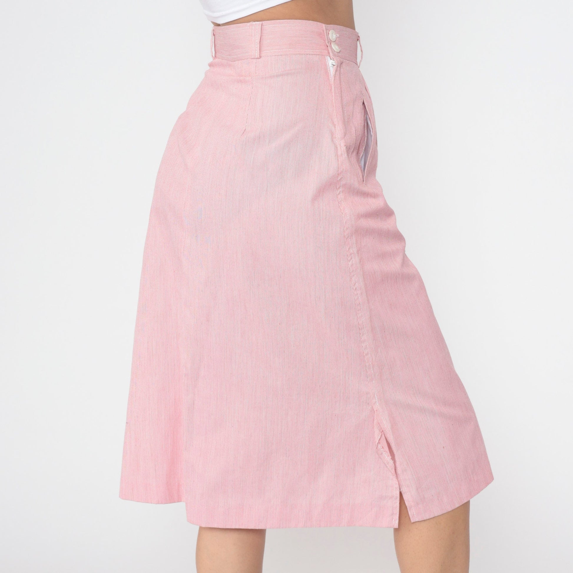 80s Pink Pinstriped Midi Skirt High Waist Straight Cut Small S