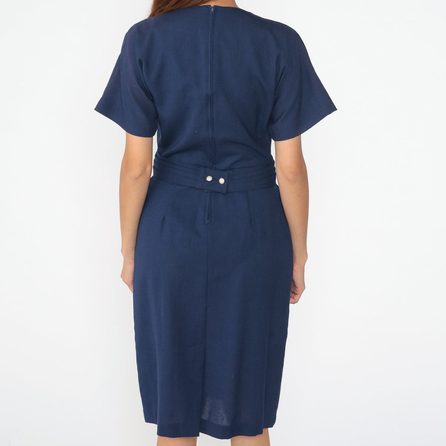 80s Navy Shirtdress White Lace Collar Double Breasted Wrap Midi Medium