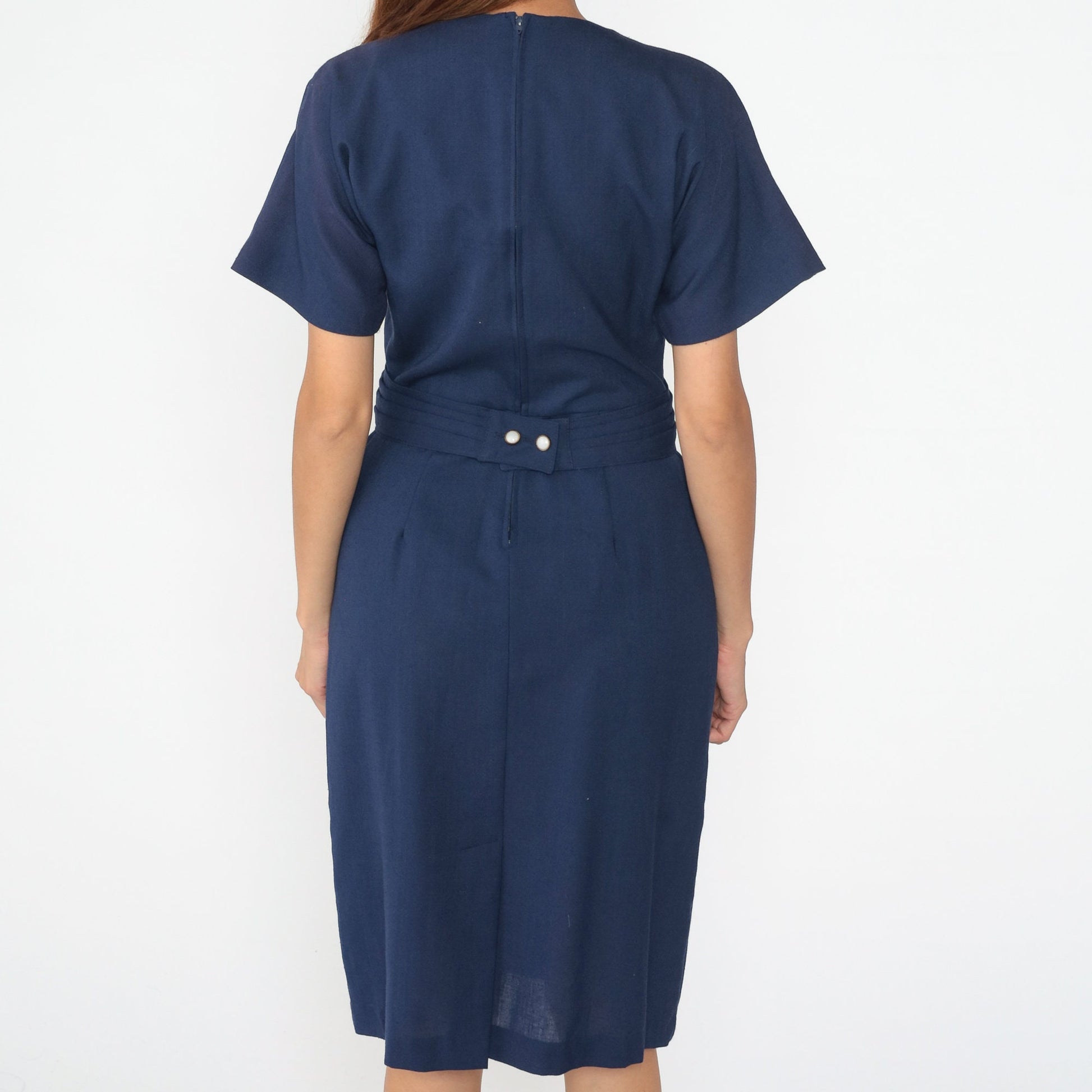 80s Navy Shirtdress White Lace Collar Double Breasted Wrap Midi Medium