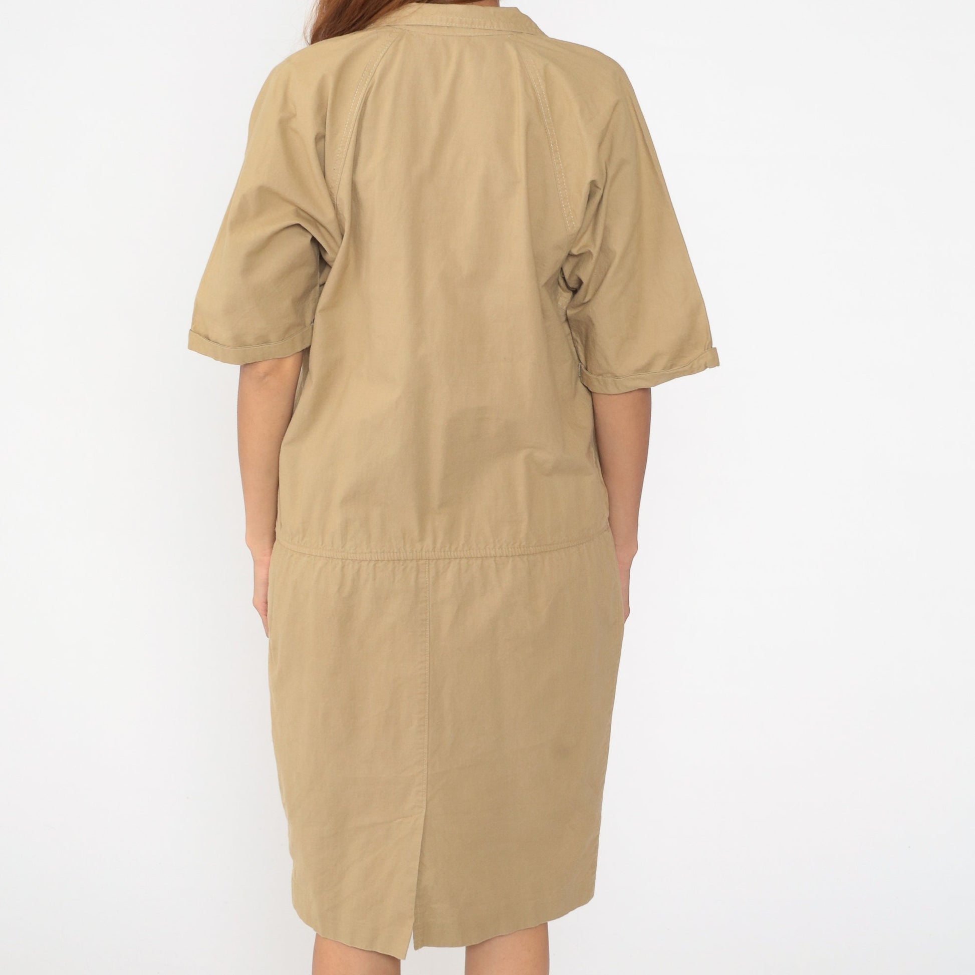 80s Khaki Cargo Shirt Dress Button-Up Raglan Midi Sheath Medium