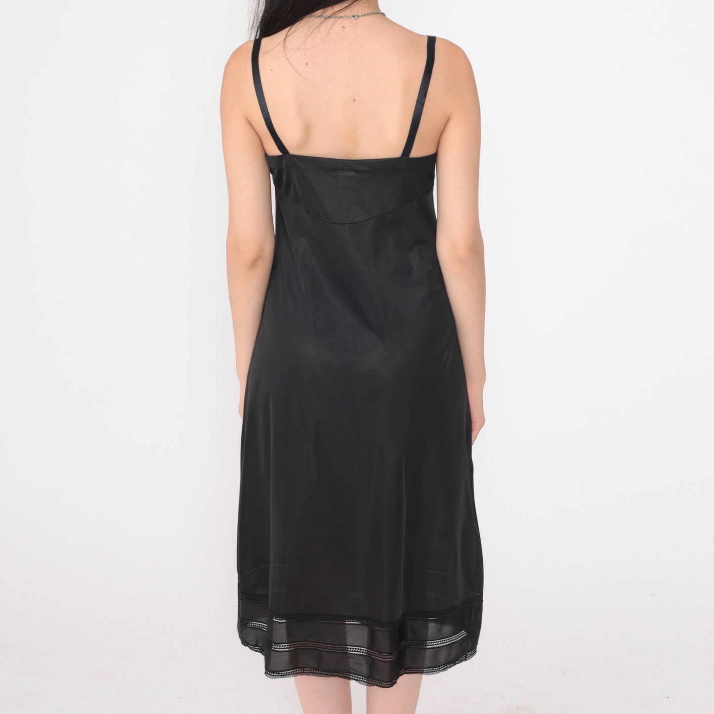 80s Black Nylon Slip Dress Empire Waist Midi Spaghetti Strap Small