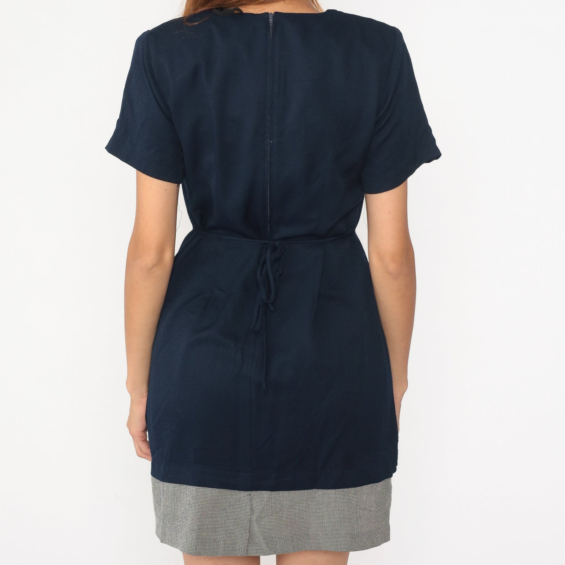 90s Navy Checkered Mini Dress with Attached Jacket Short Sleeve Medium
