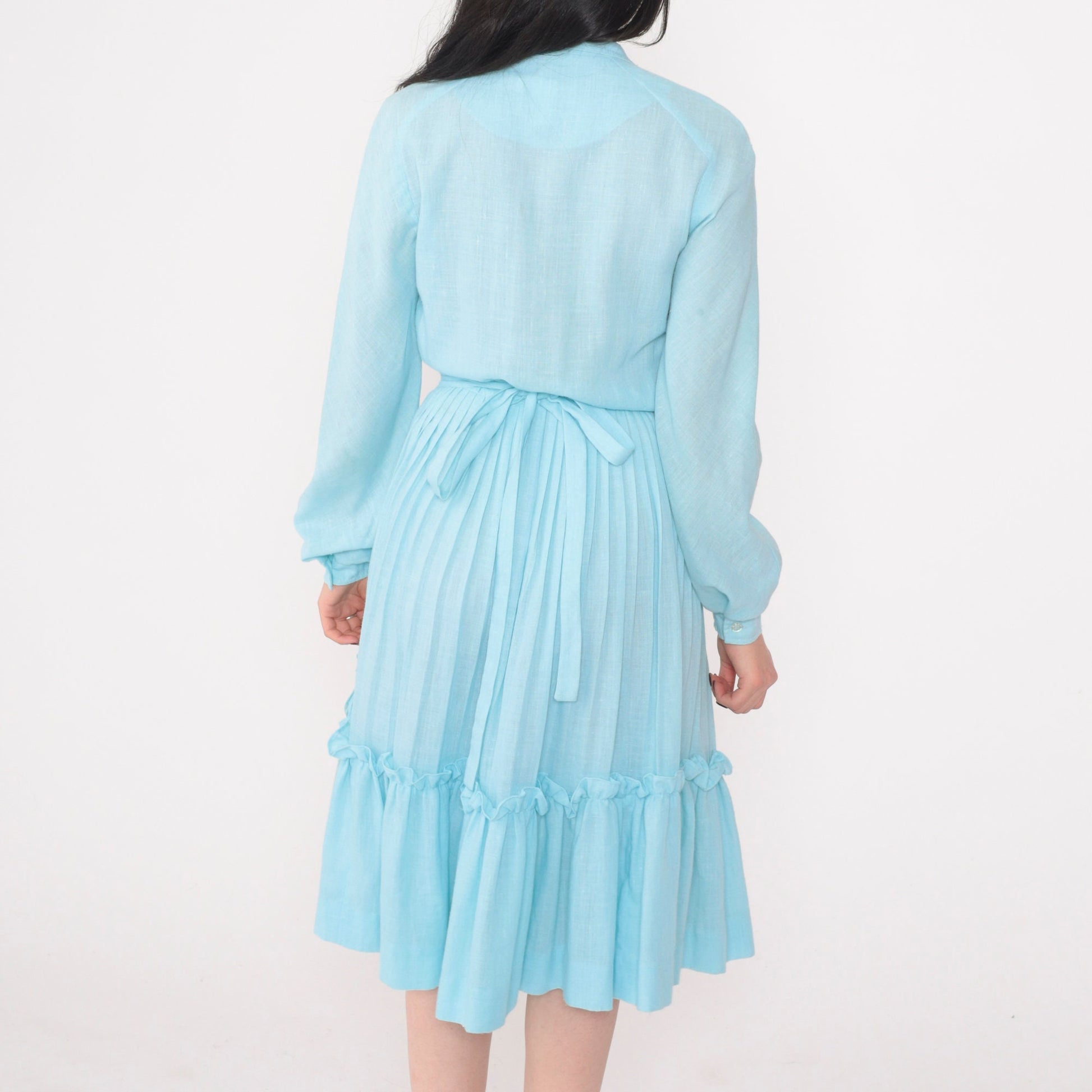 80s Neiman Marcus Blue Shirtwaist Midi Dress Puff Sleeve High Waist Small